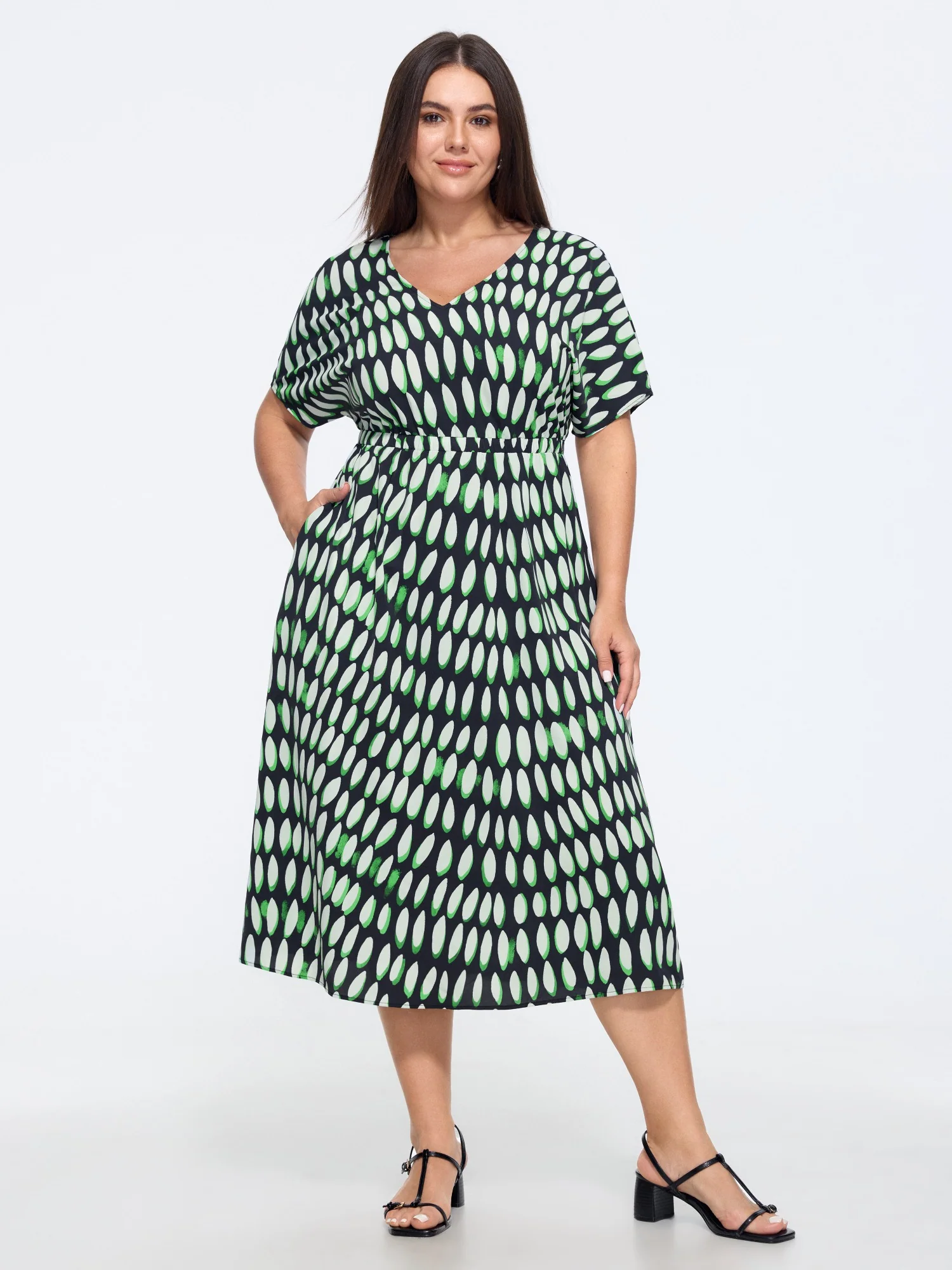 Ellipse Polka Dot Print Ruched Waist Midi Dress