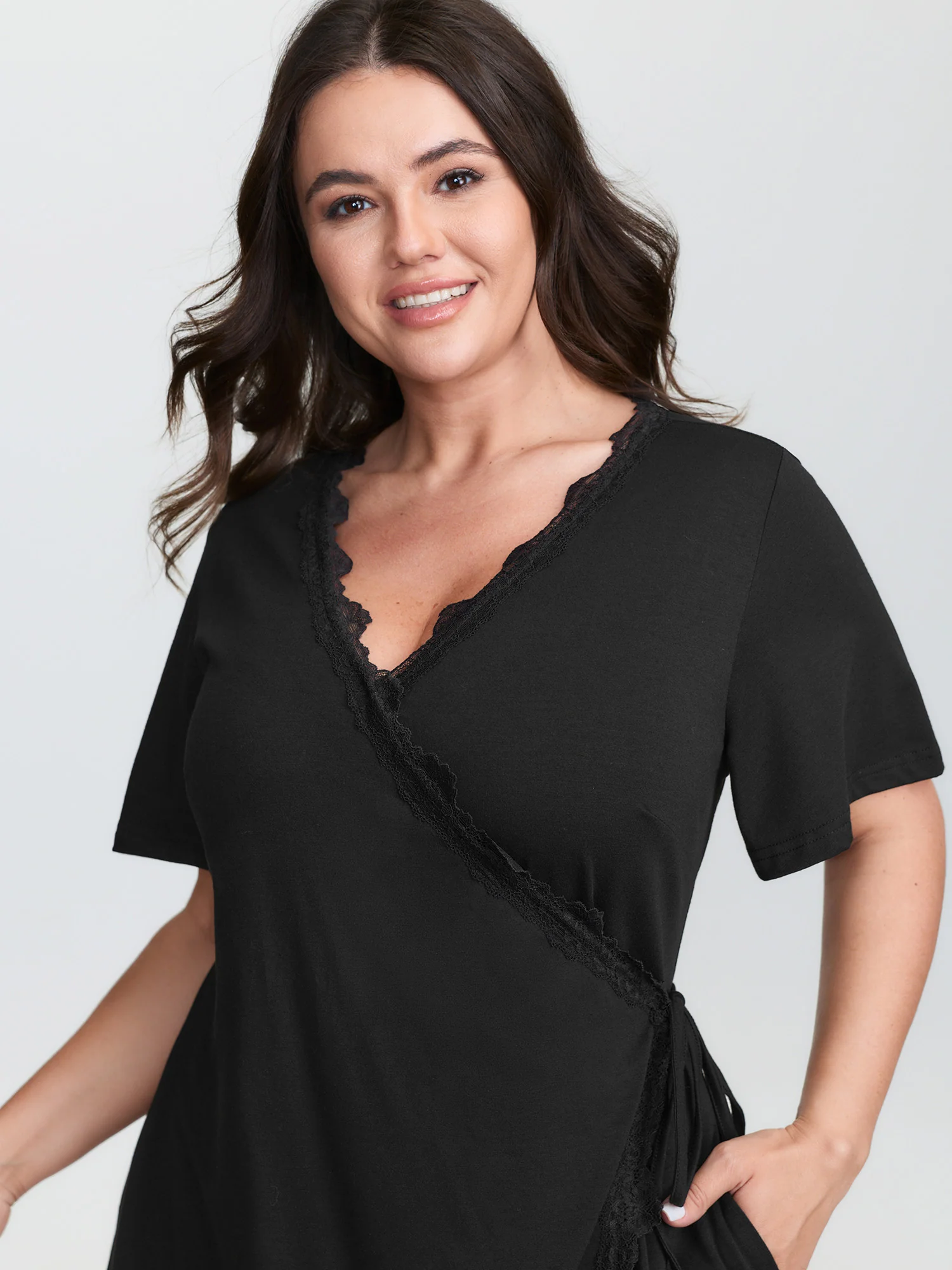 Lace Trim Side-Tie Pockets Nightgown