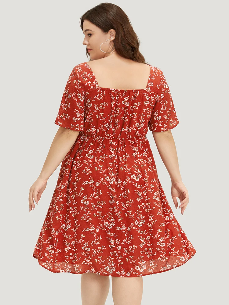 Floral Print Square Neck Ruched Ruffles Drawstring Dress