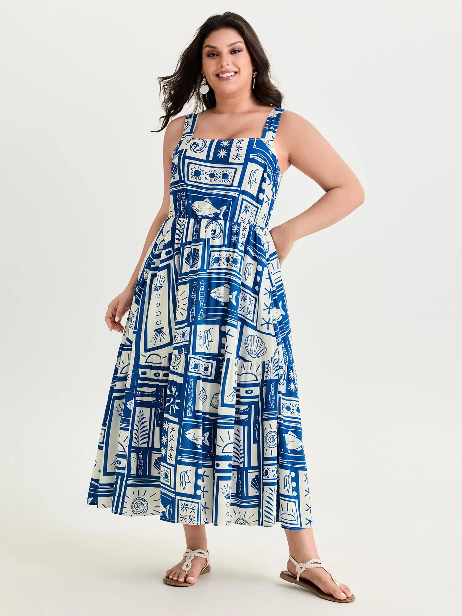 Nautical Print Shirred Tiered Adjustable Straps Midi Dress