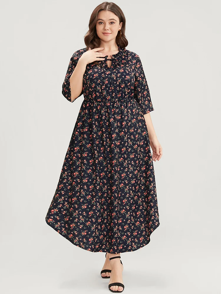 Ditsy Floral Frill Trim Tie Neck Pocket Arc Hem Dress