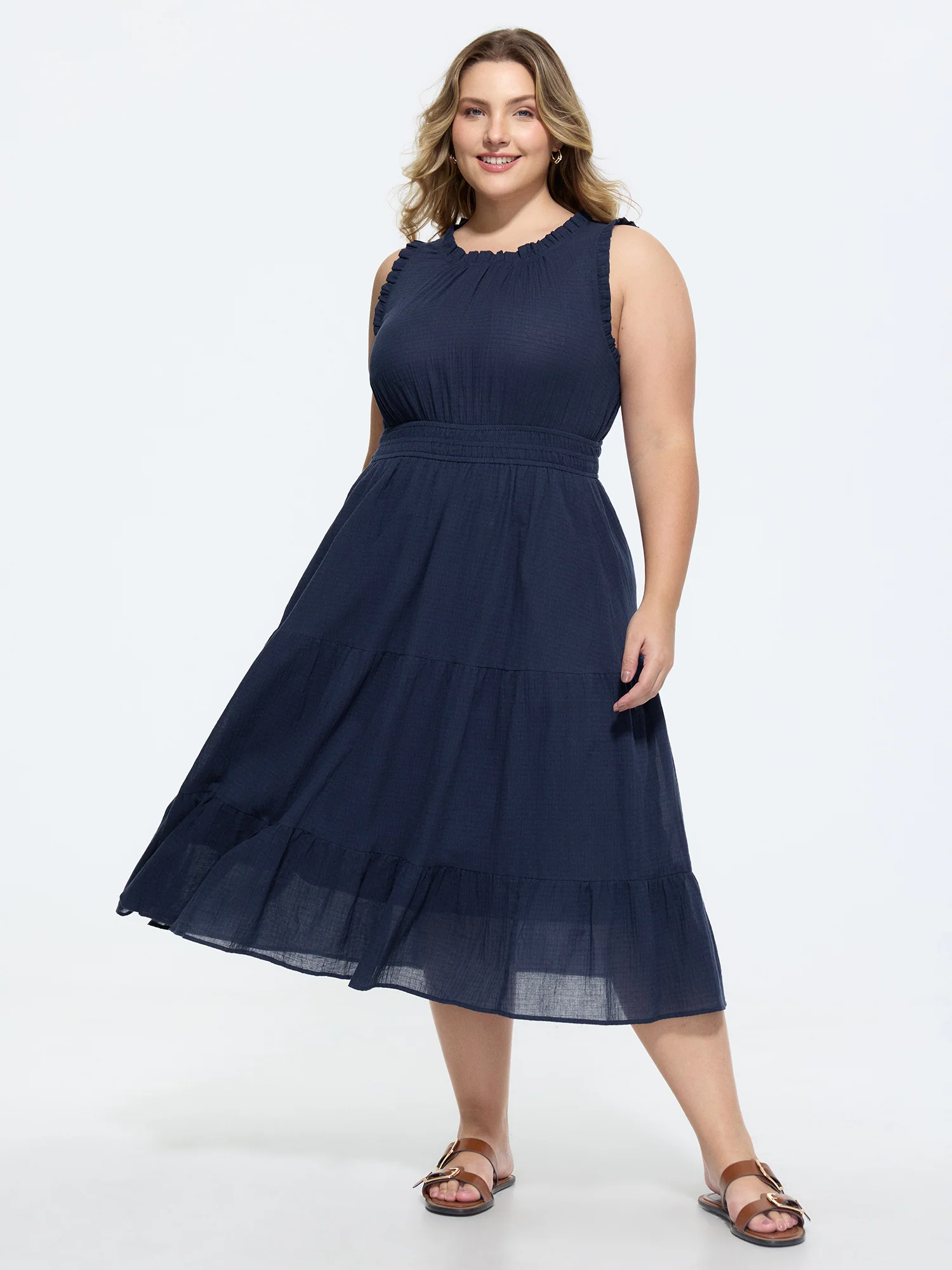 Cotton Sleeveless Waist-Defining Midi Dress