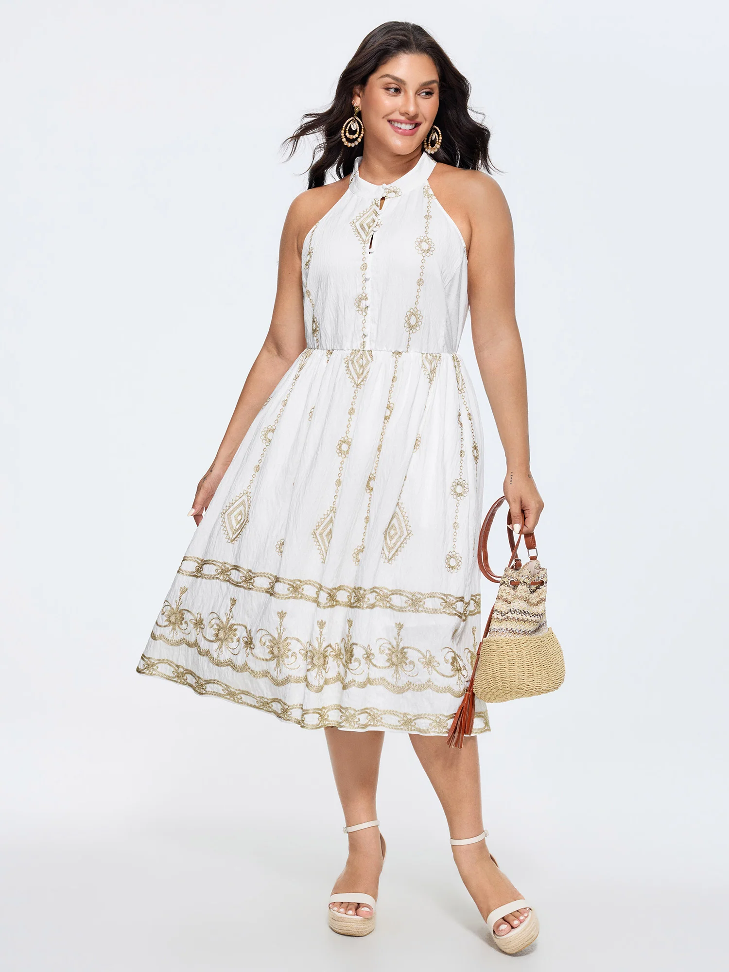 Geometric Embroidered Halter Neckline Midi Dress