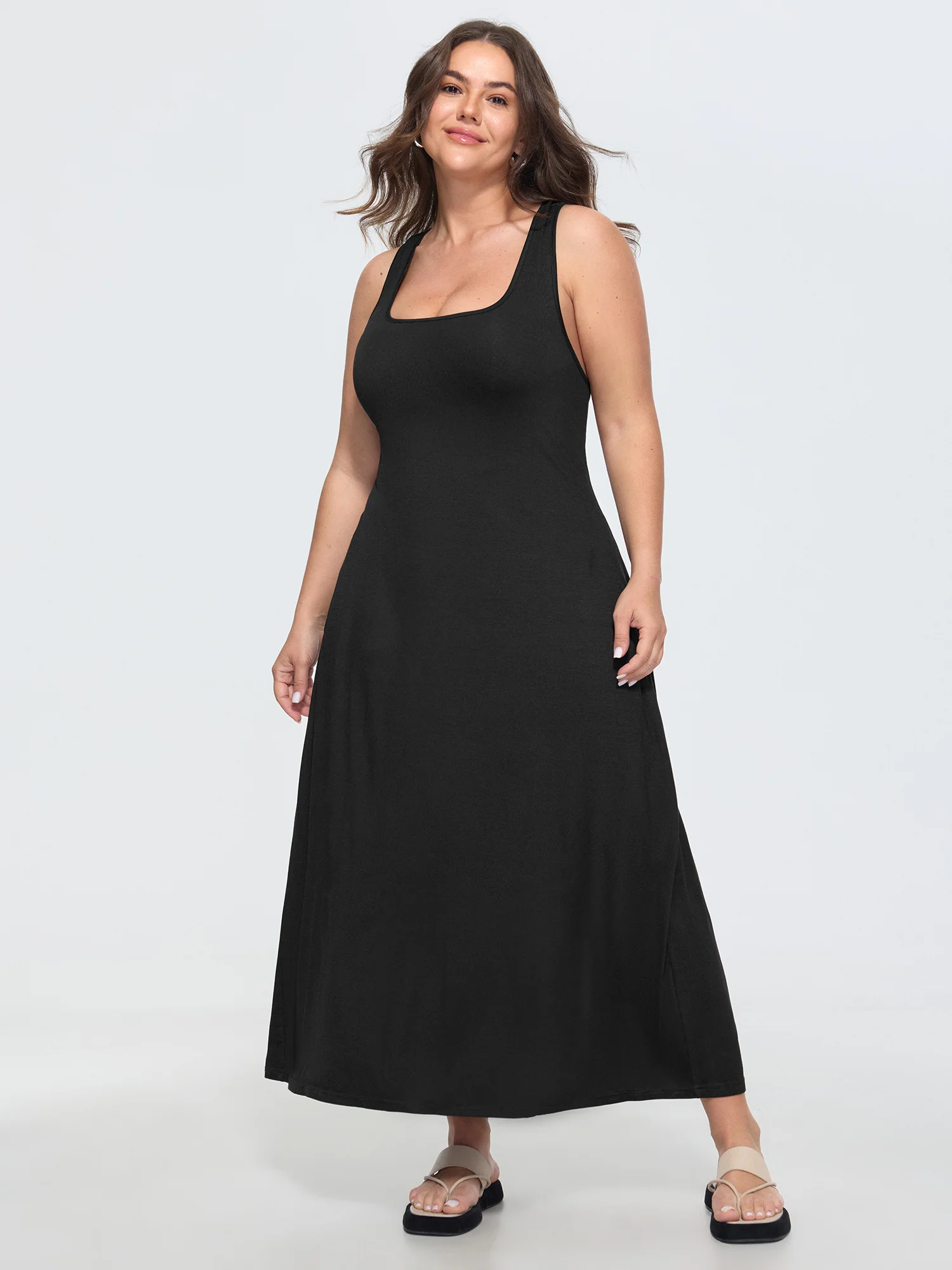 Supersoft Stretchy Wide-Straps Plain Maxi Dress