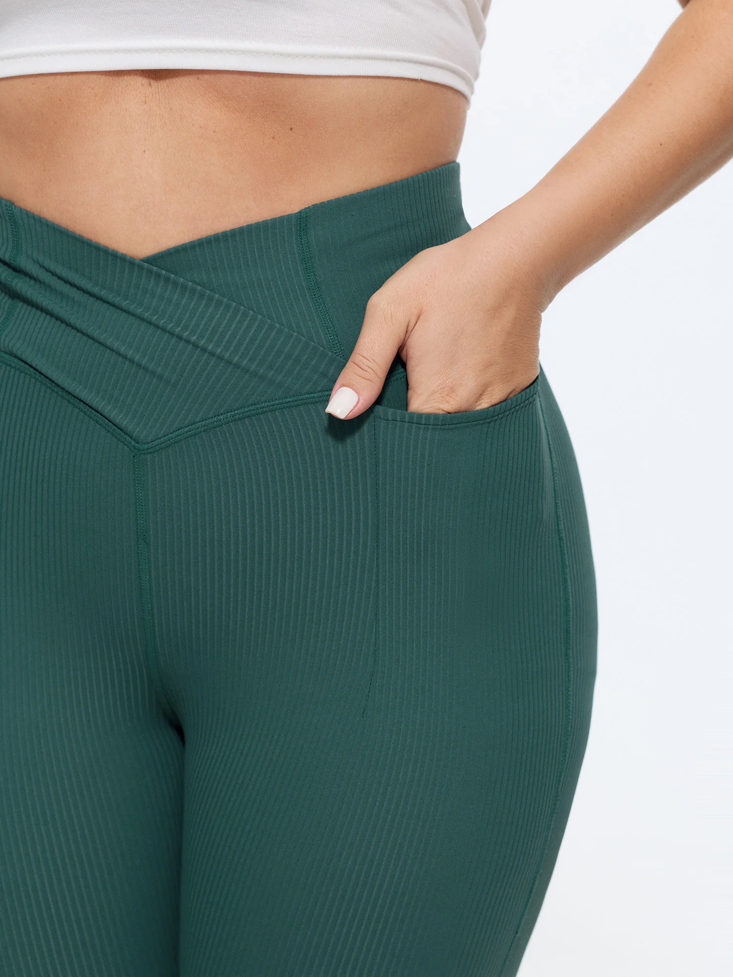 Stretchy Overlap Waist Textured Pocket Leggings
