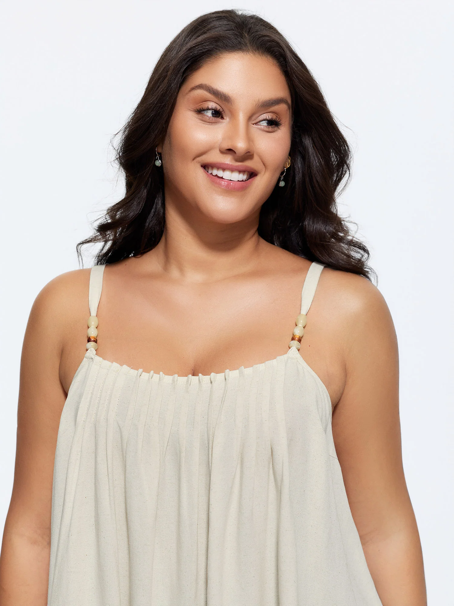 Linen Blend Beaded Pleated Flowy Plain Tank Top