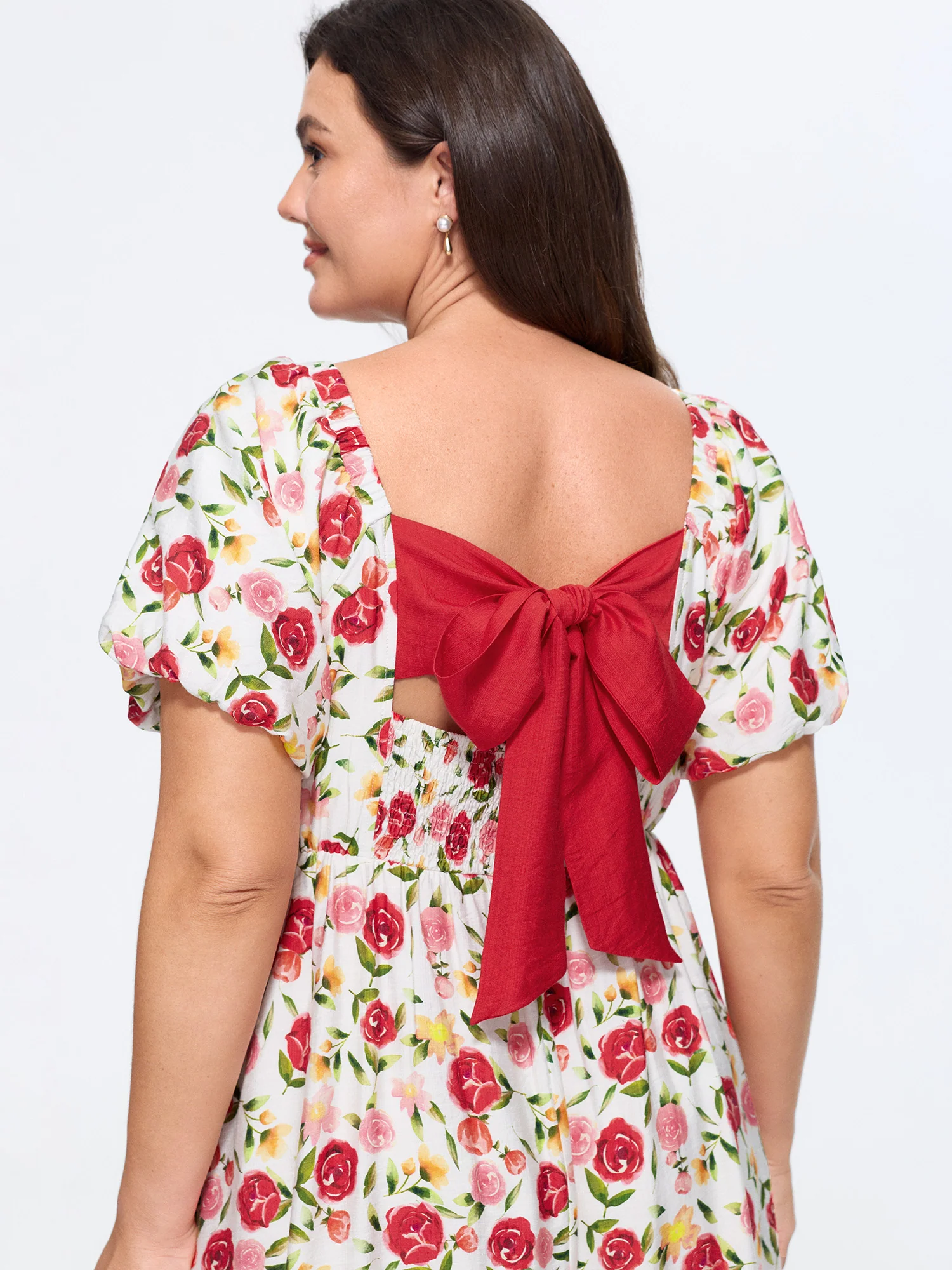 Rose Print Back Bow Detail Midi Dress