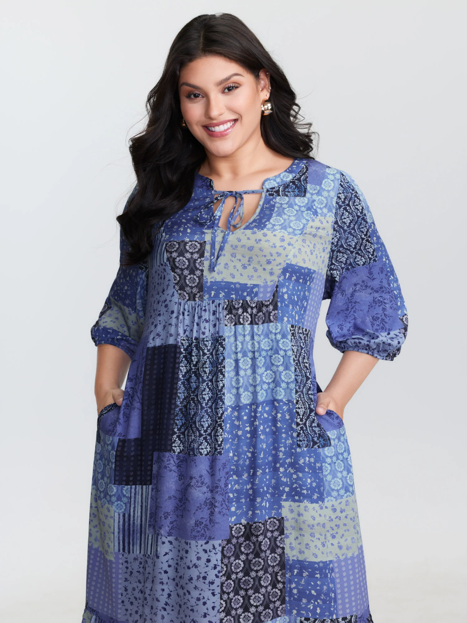 Floral Collage Pattern Drawstring Neckline Mini Dress