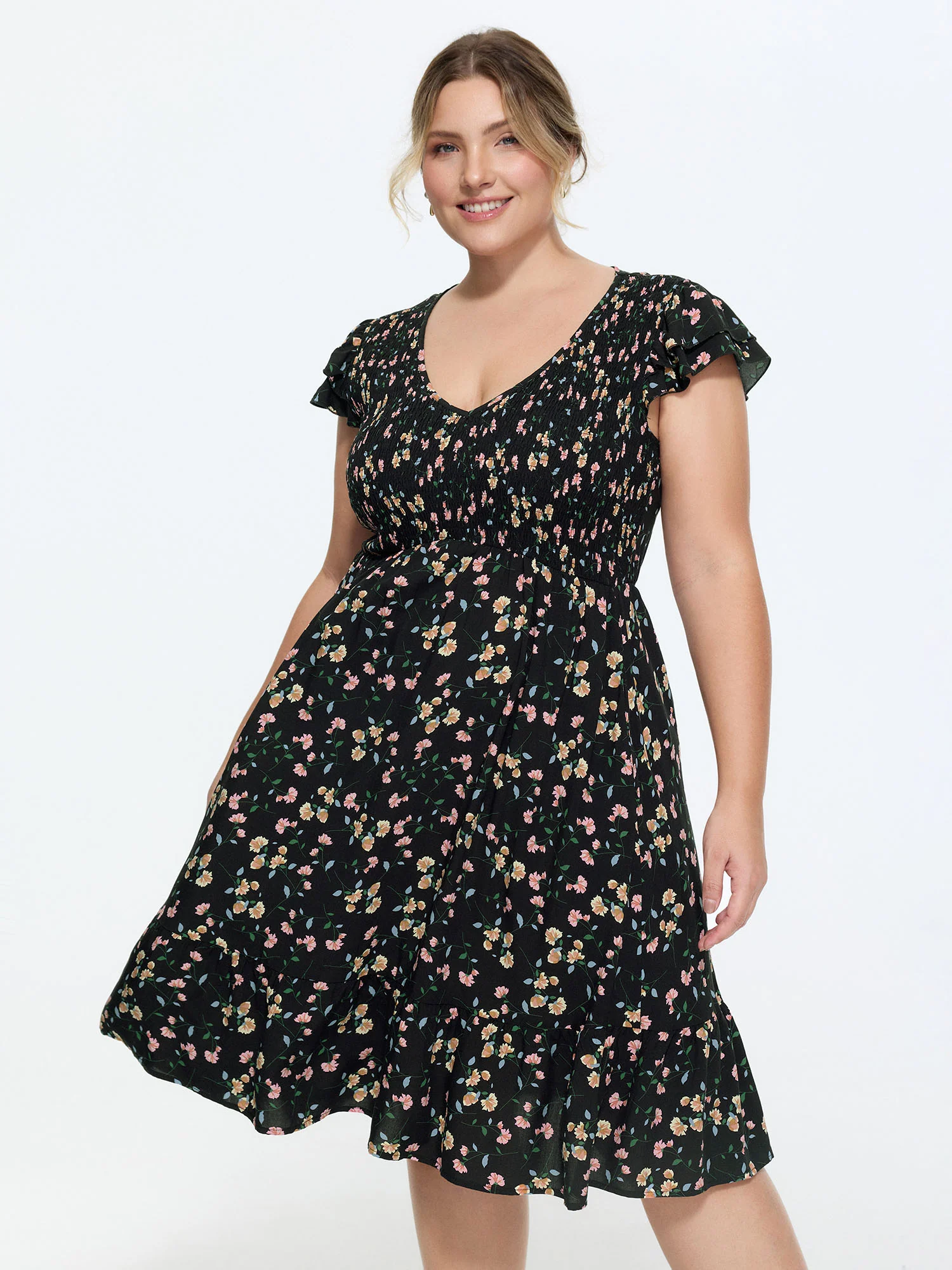 Floral Print V-Neck Ruffled Sleeve Mini Dress
