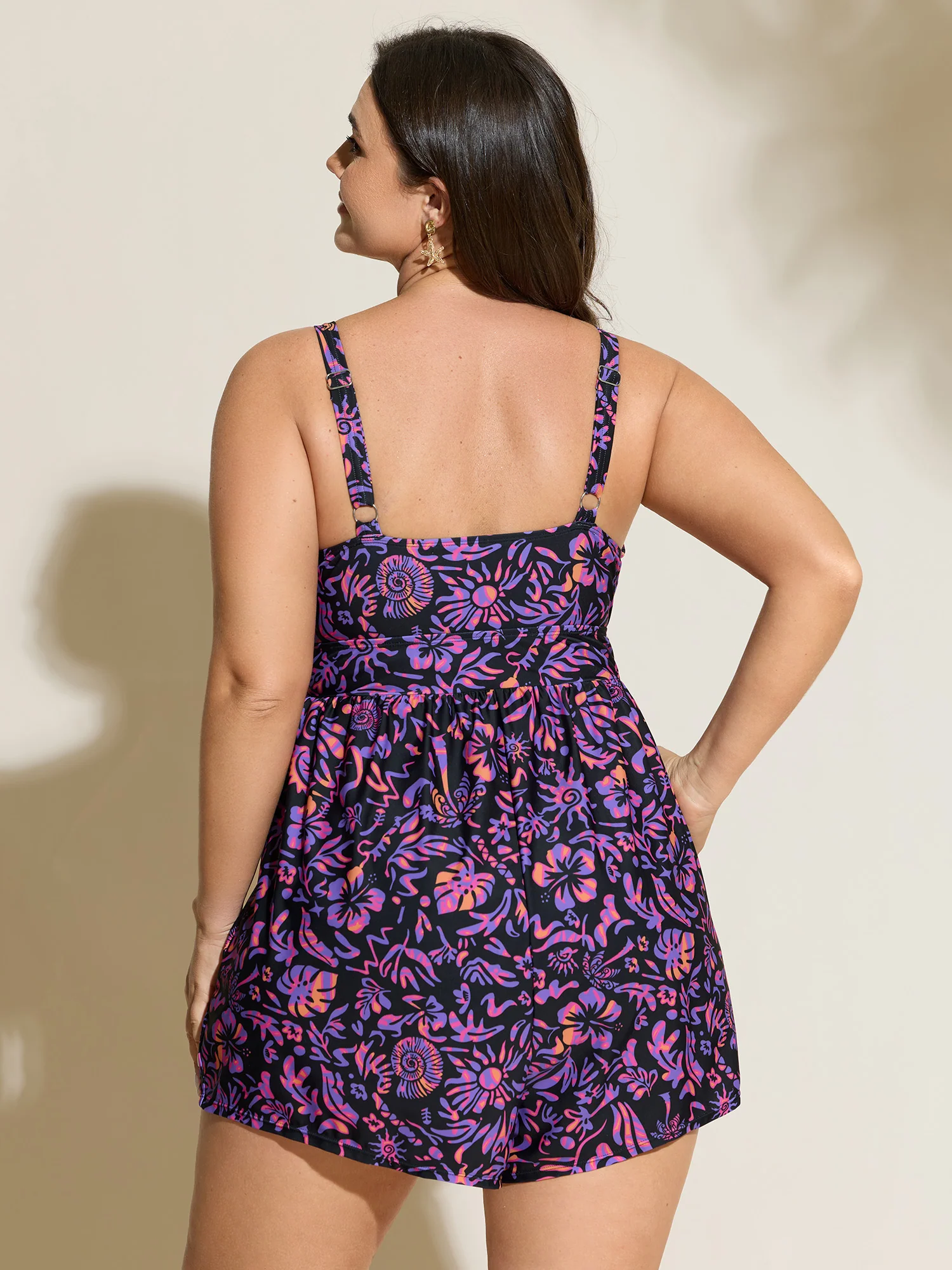 Tropical Floral Print Pockets Swim Romper