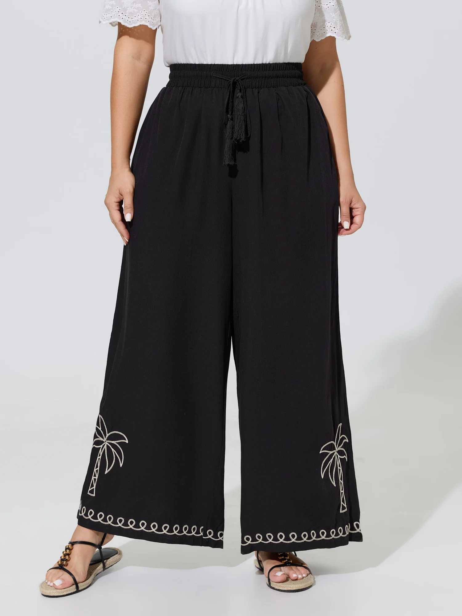 Palm Embroidery Tassel Drawstring Wide Leg Pants