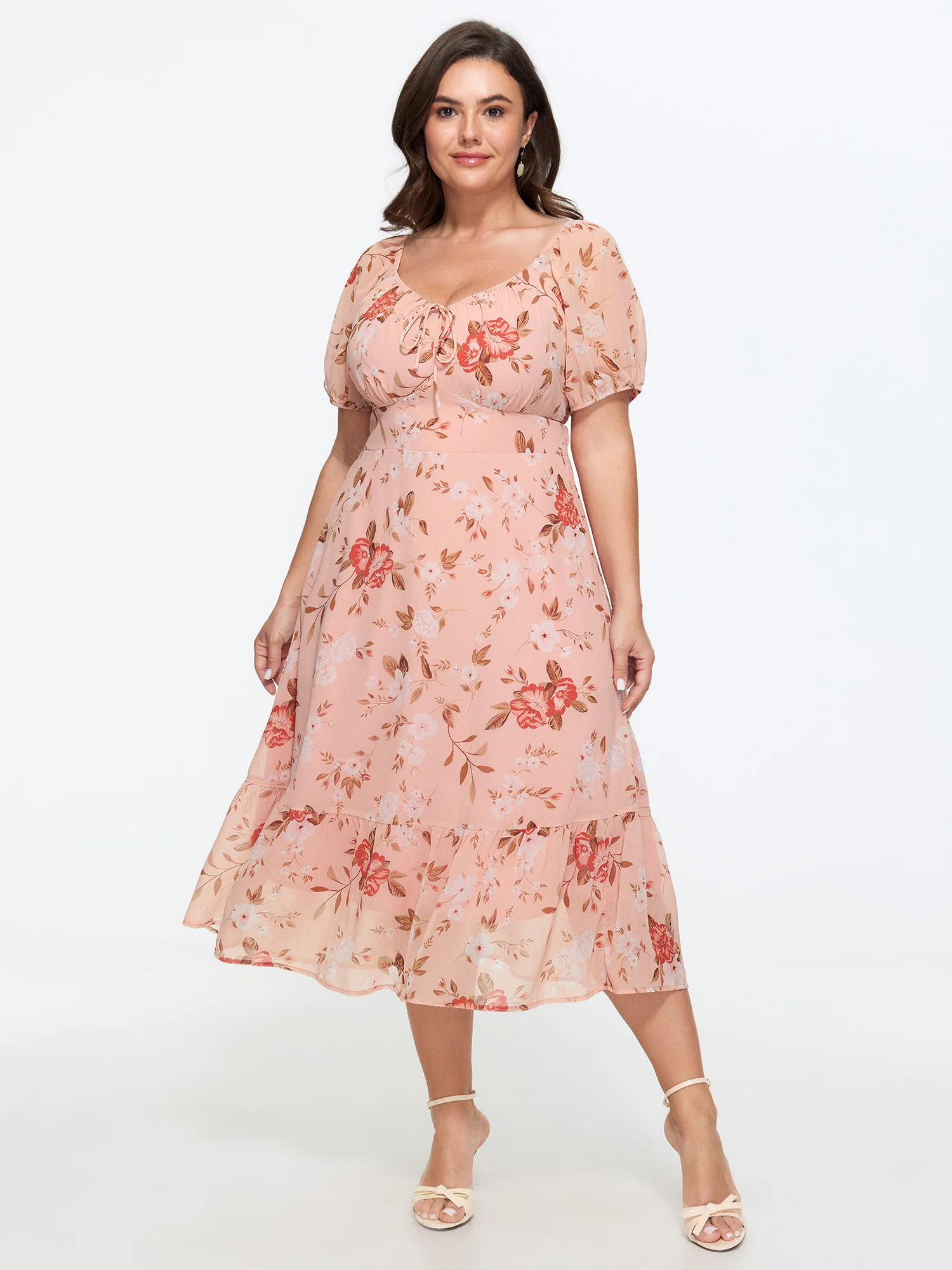 Soft Floral Print Shirred Waist Midi Dress