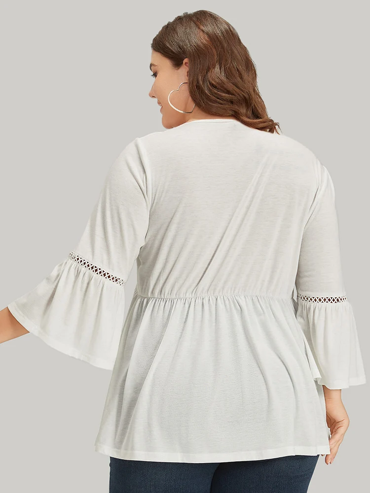 Boho Print Embroidered V Neck Gathered Bell Sleeve T-shirt