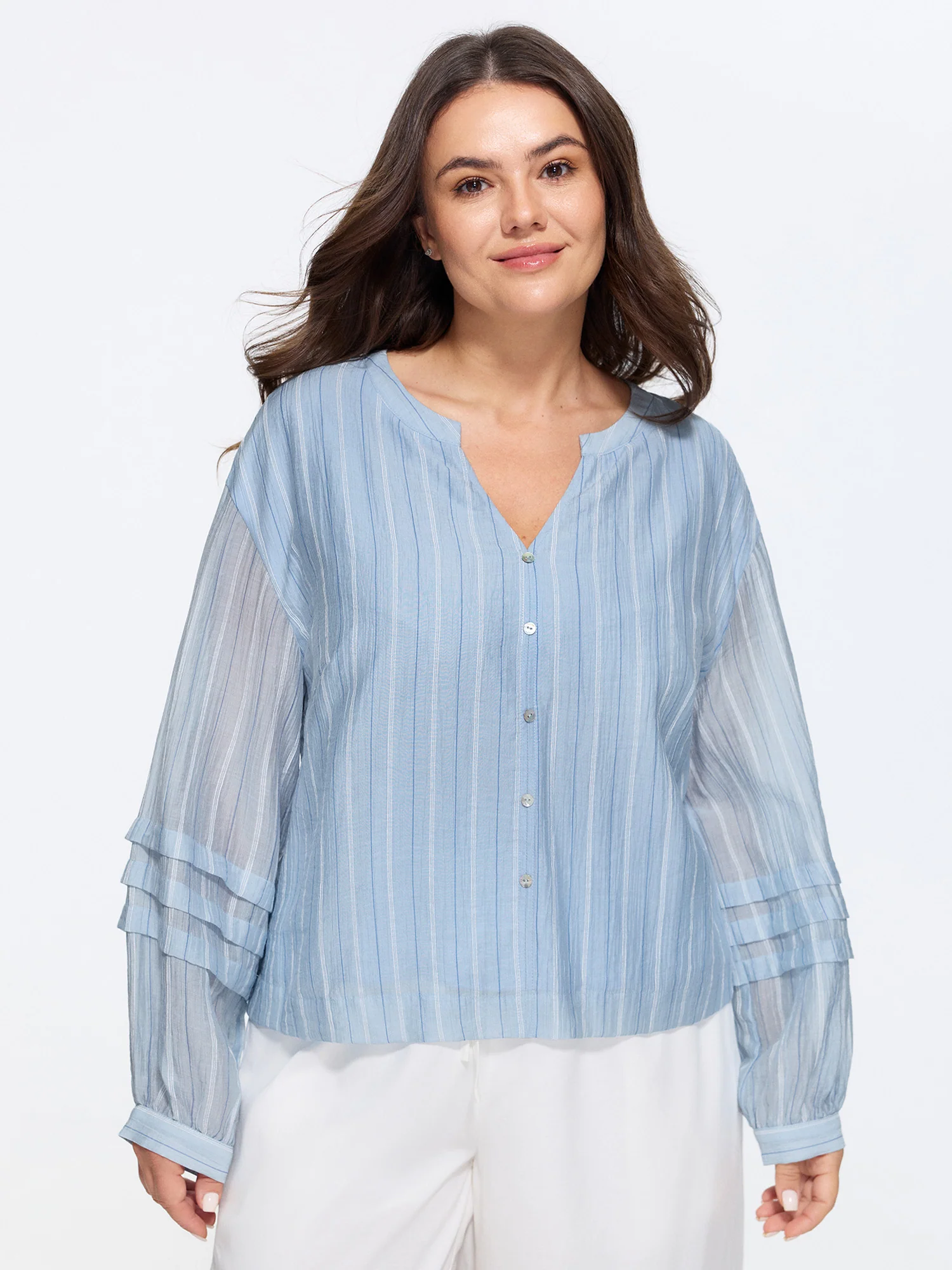 Sheer Striped Print Pleated Sleeve Blouse