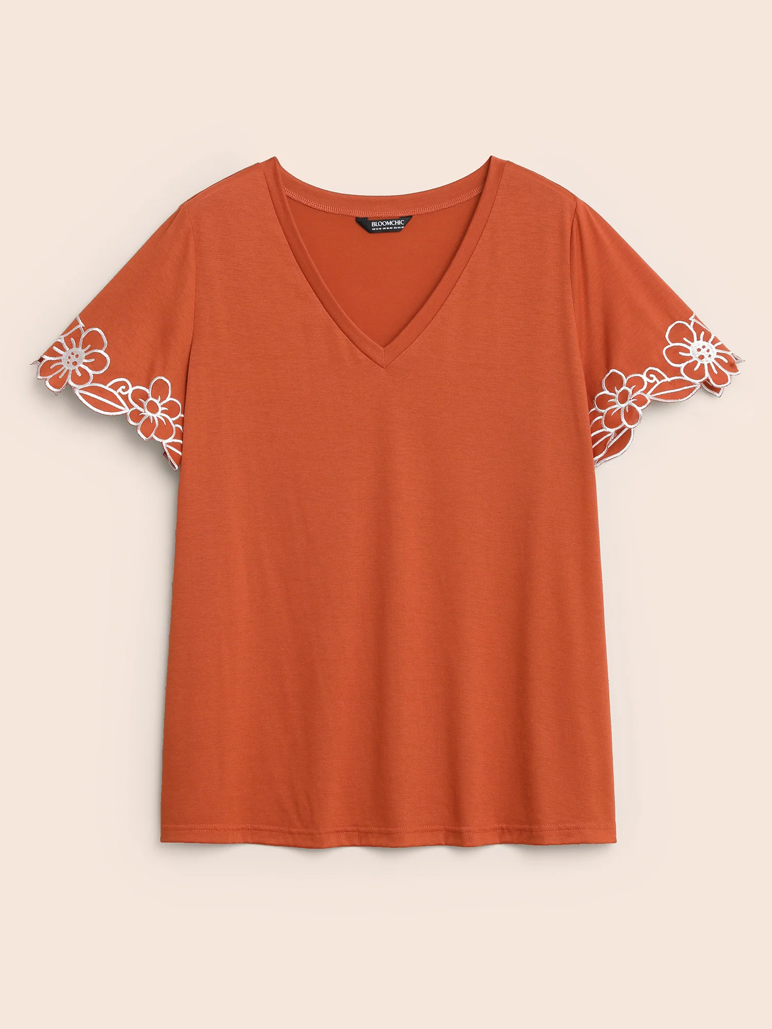 V Neck Floral Embroidered T-shirt