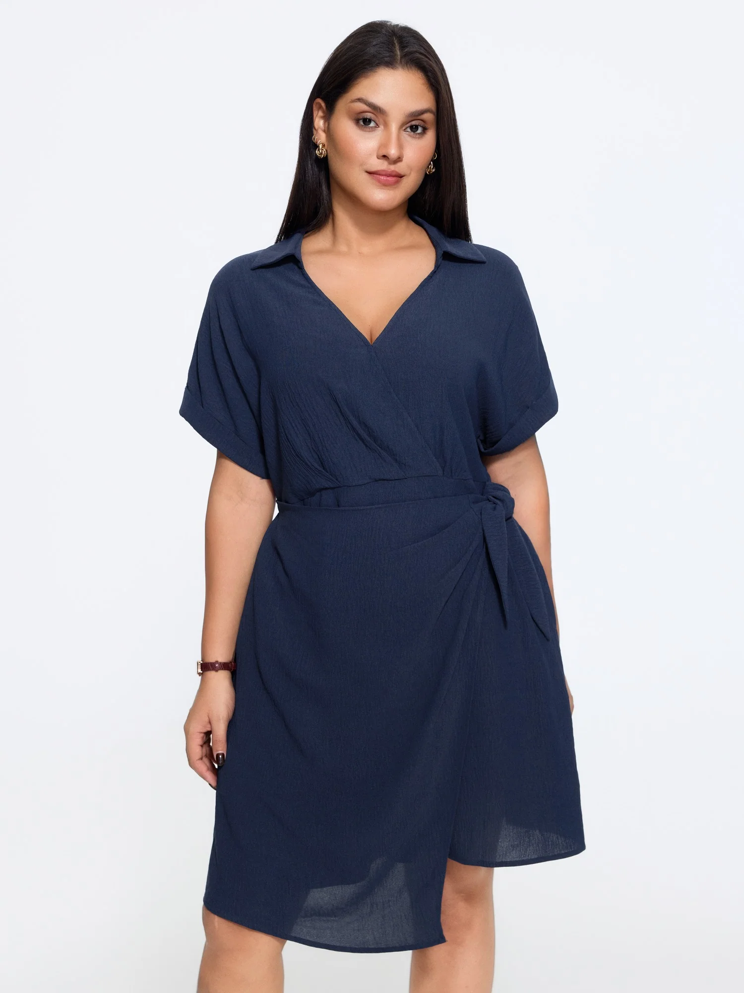 Textured Cuffed Sleeve Wrap Tie Mini Dress