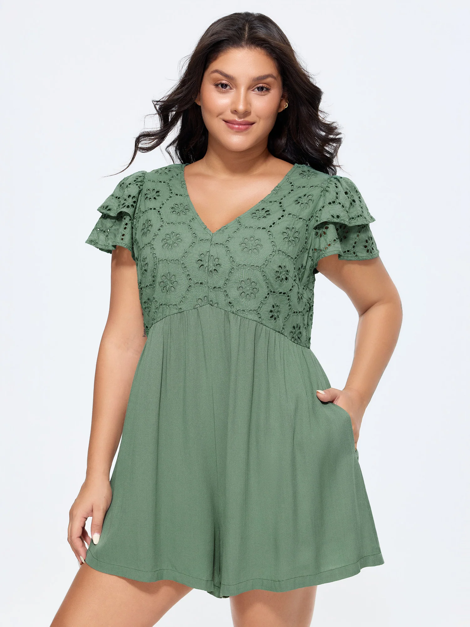 Eyelet Trim Layered Sleeve Romper