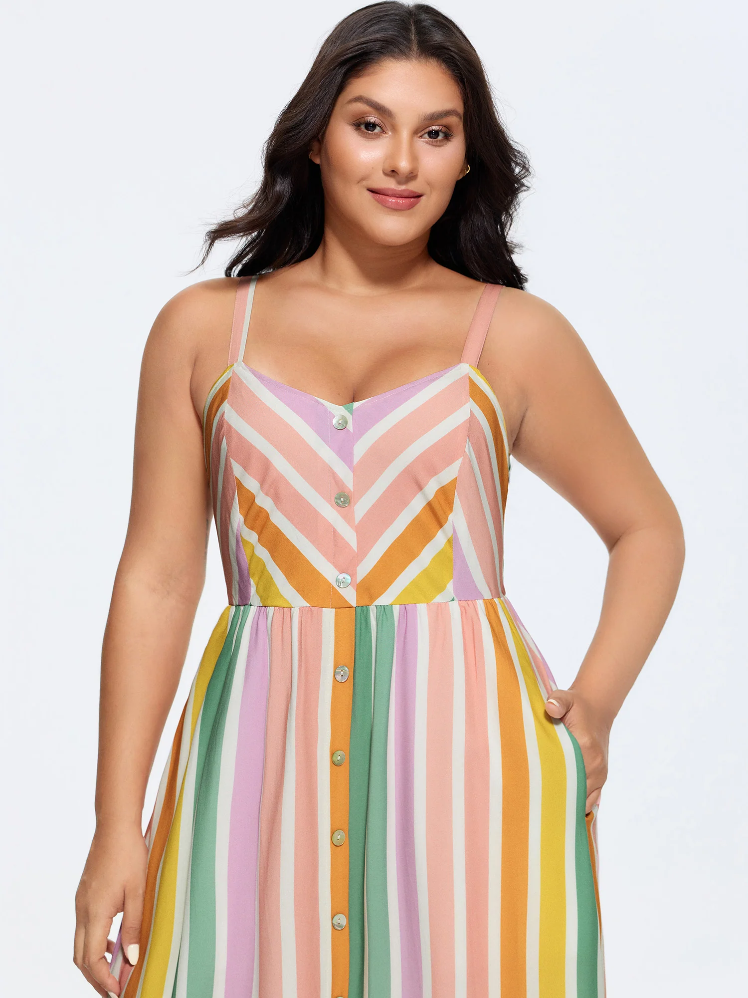 Soft Striped Pockets Cami Midi Dress