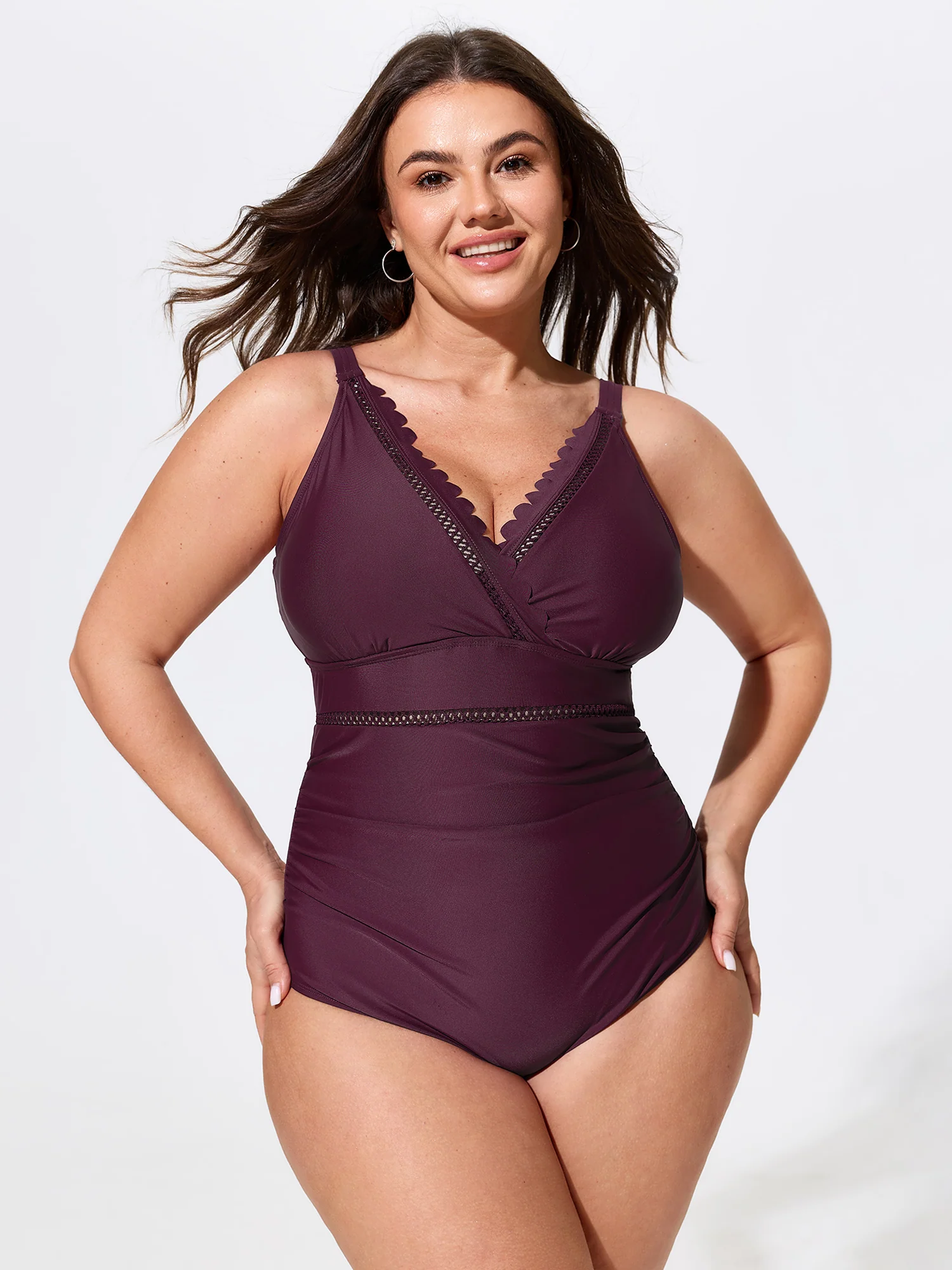 Wave Lace Trim Waist Ruched One Piece Swimsuit