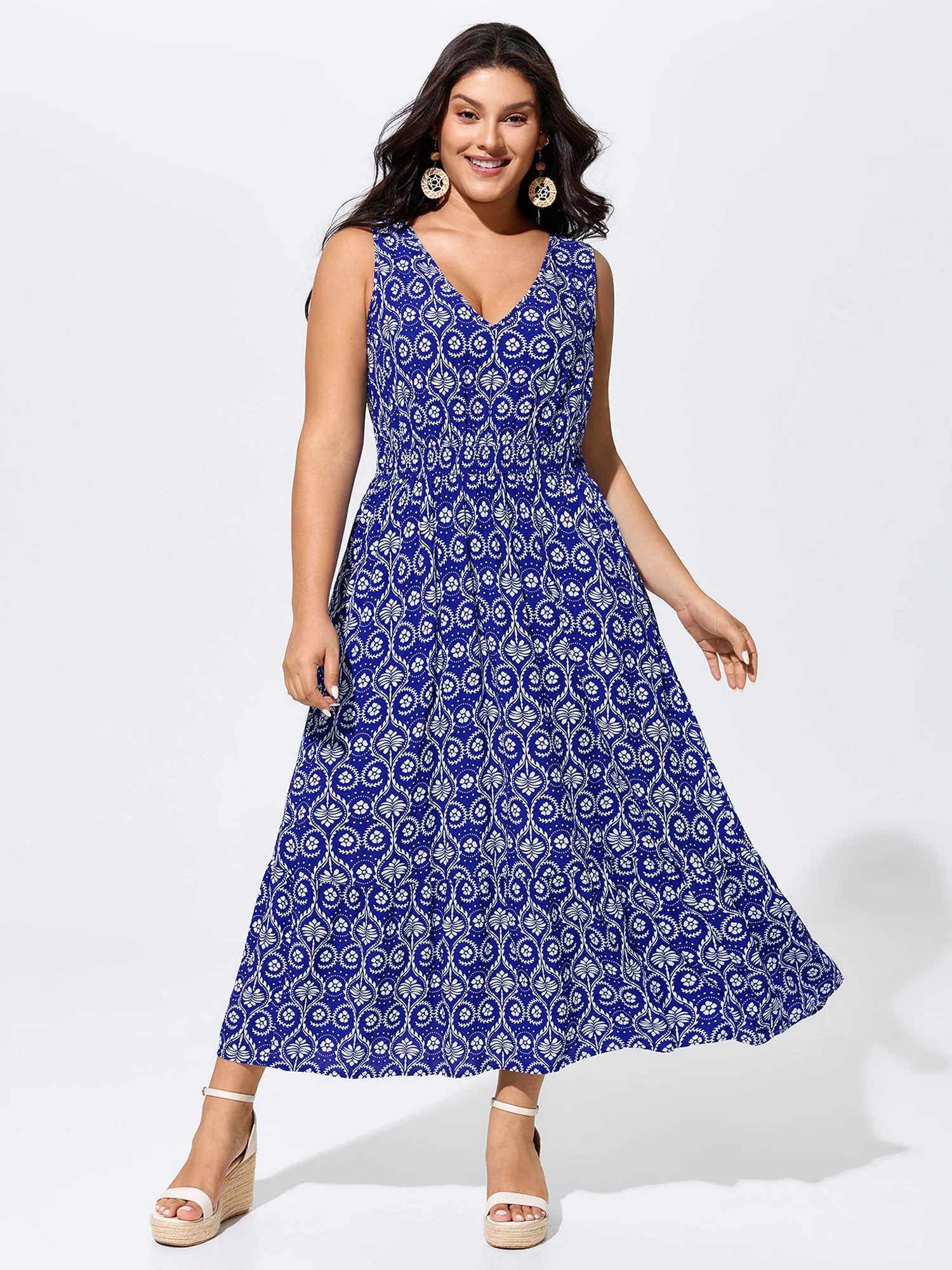 Geometric Print V-Neck Midi Dress