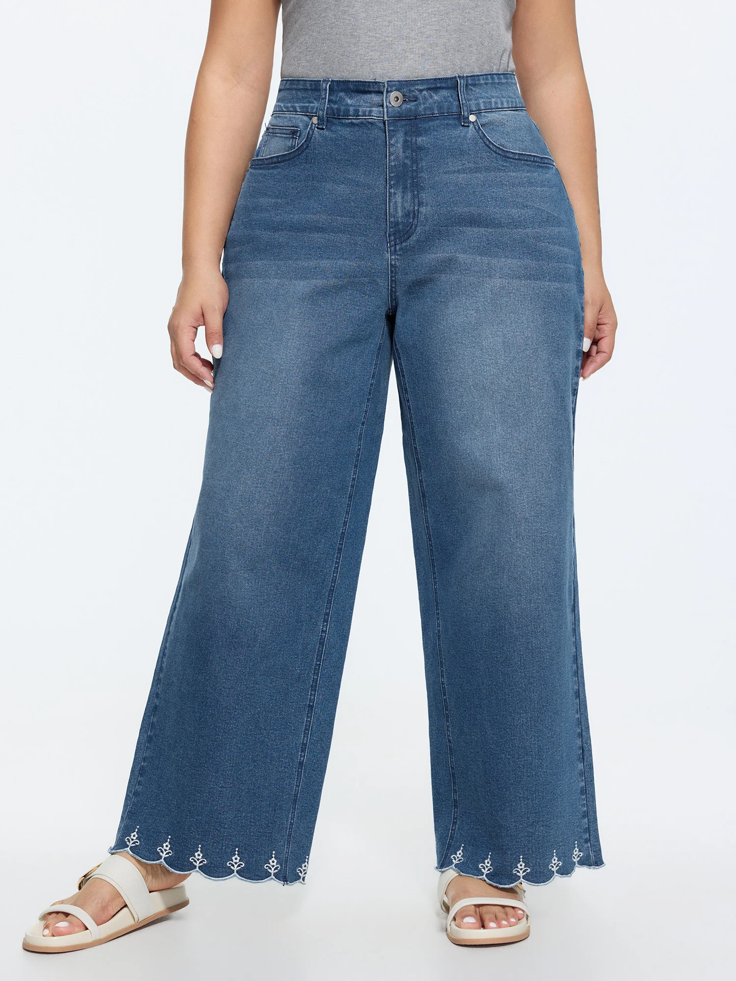 Stretchy Embroidered Hem Wide-Leg Jeans