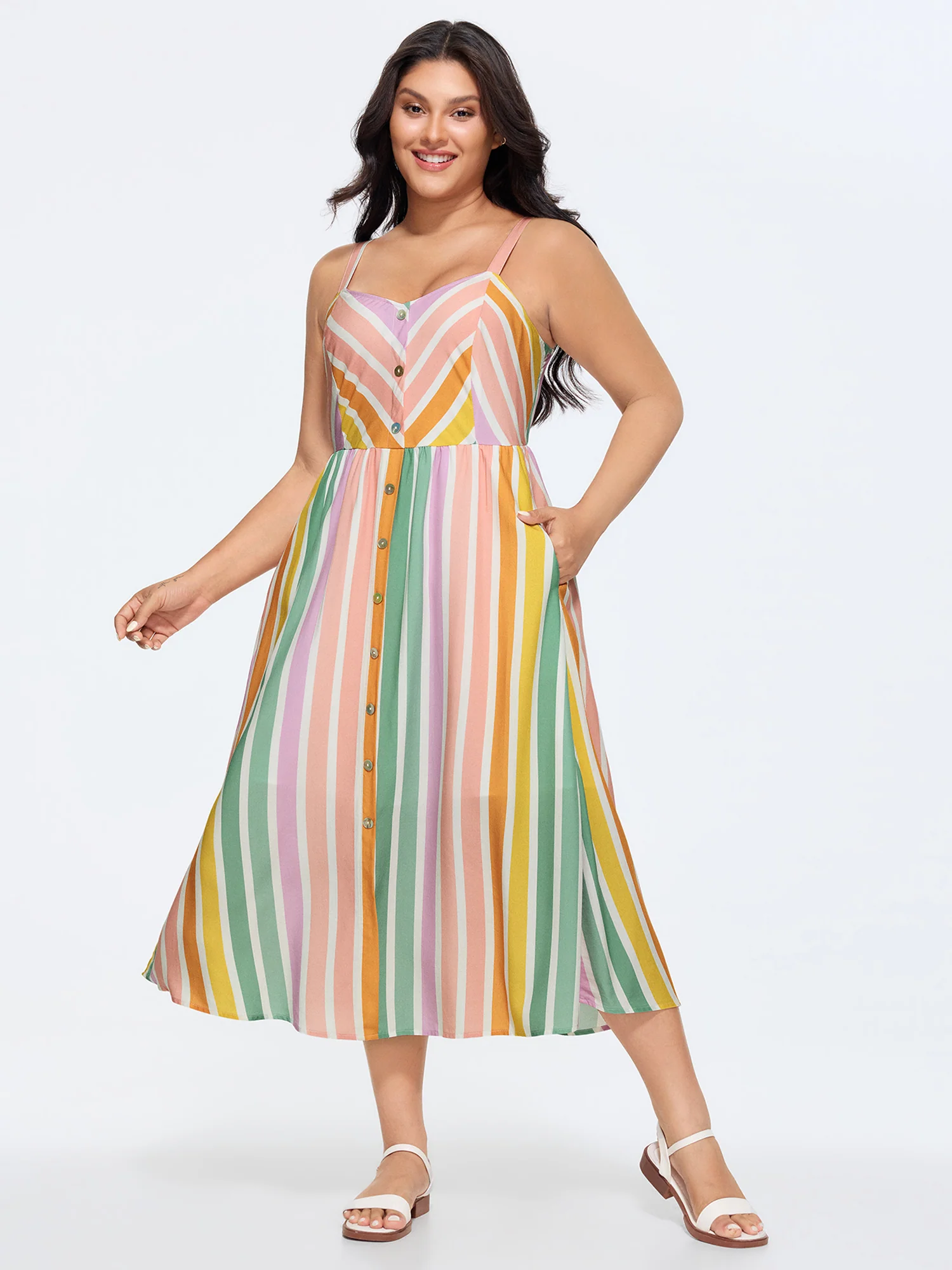 Soft Striped Pockets Cami Midi Dress