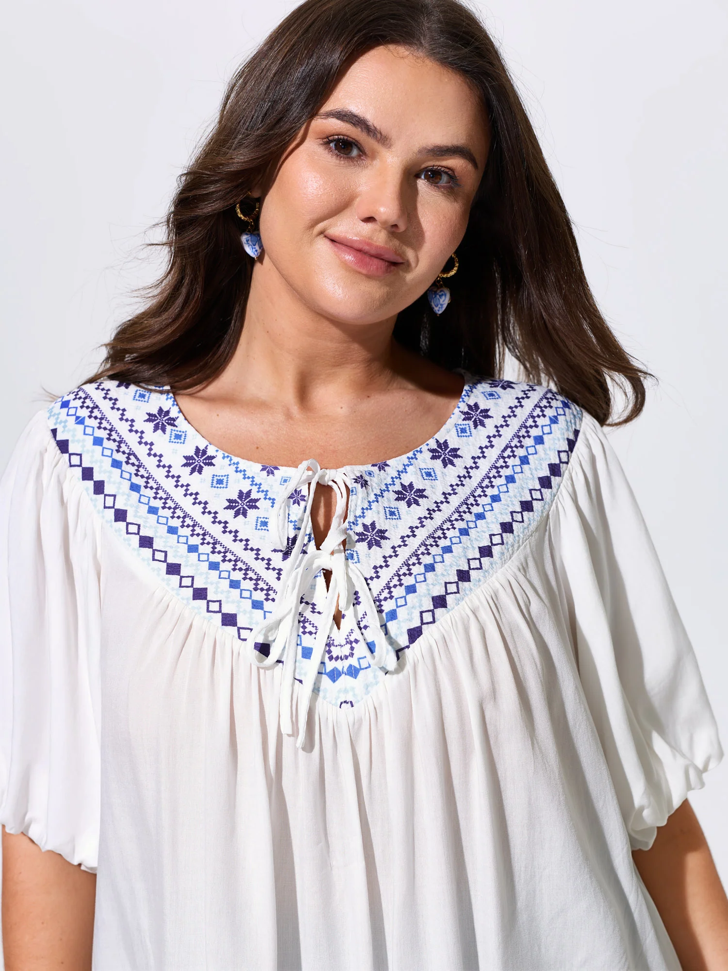 Boho Print Neck-Tie Puff Sleeve Blouse