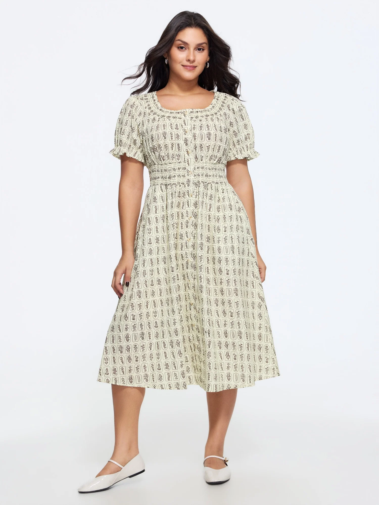 Geometric Print Shirred Waist Midi Dress