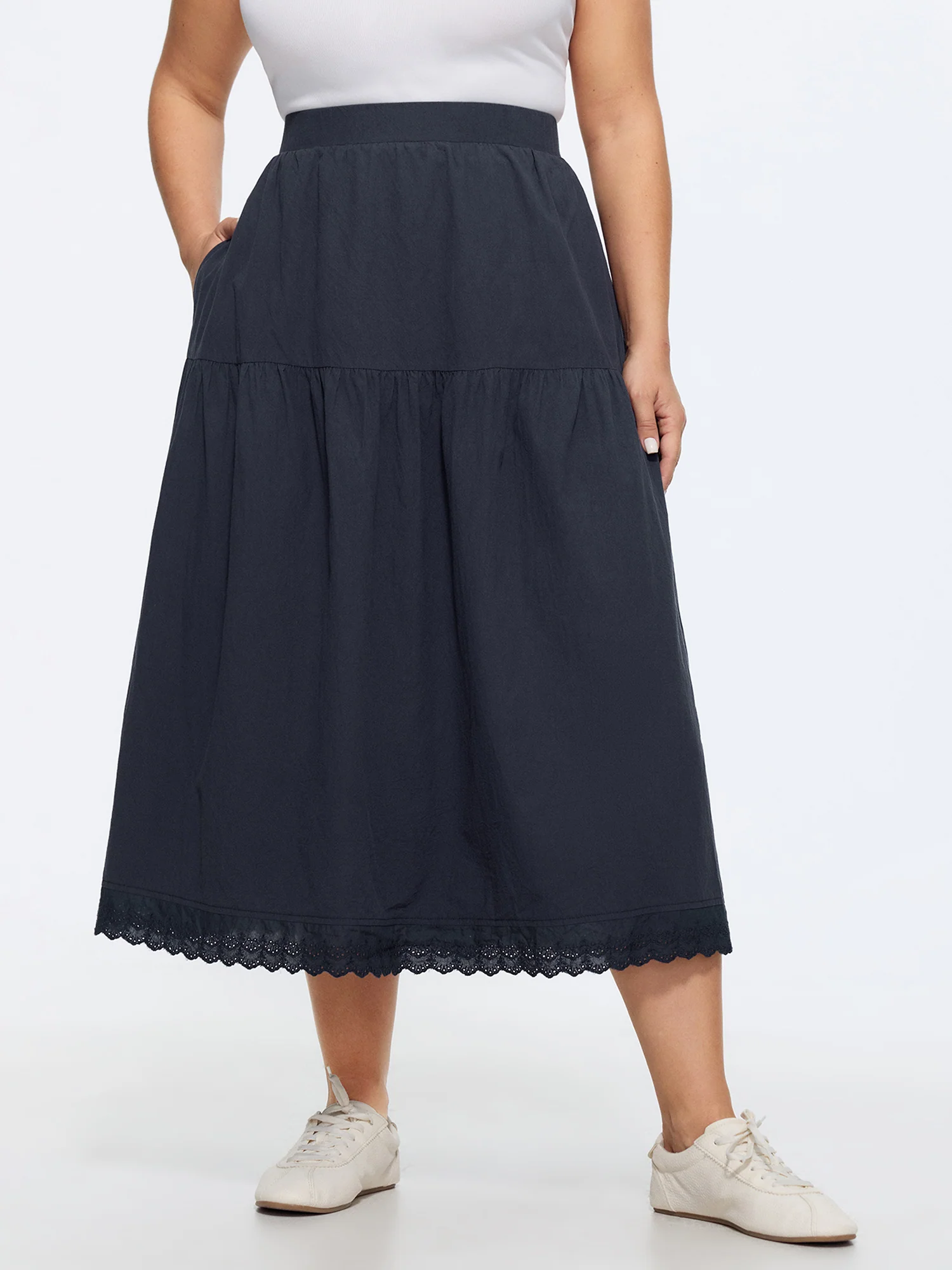 Cotton Lace Trim Tiered Flowy Maxi Skirt