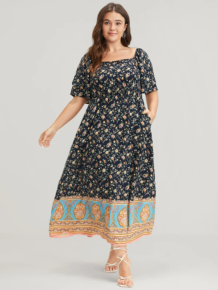 Floral Pocket Ruffles Square Neck Midi  Dress