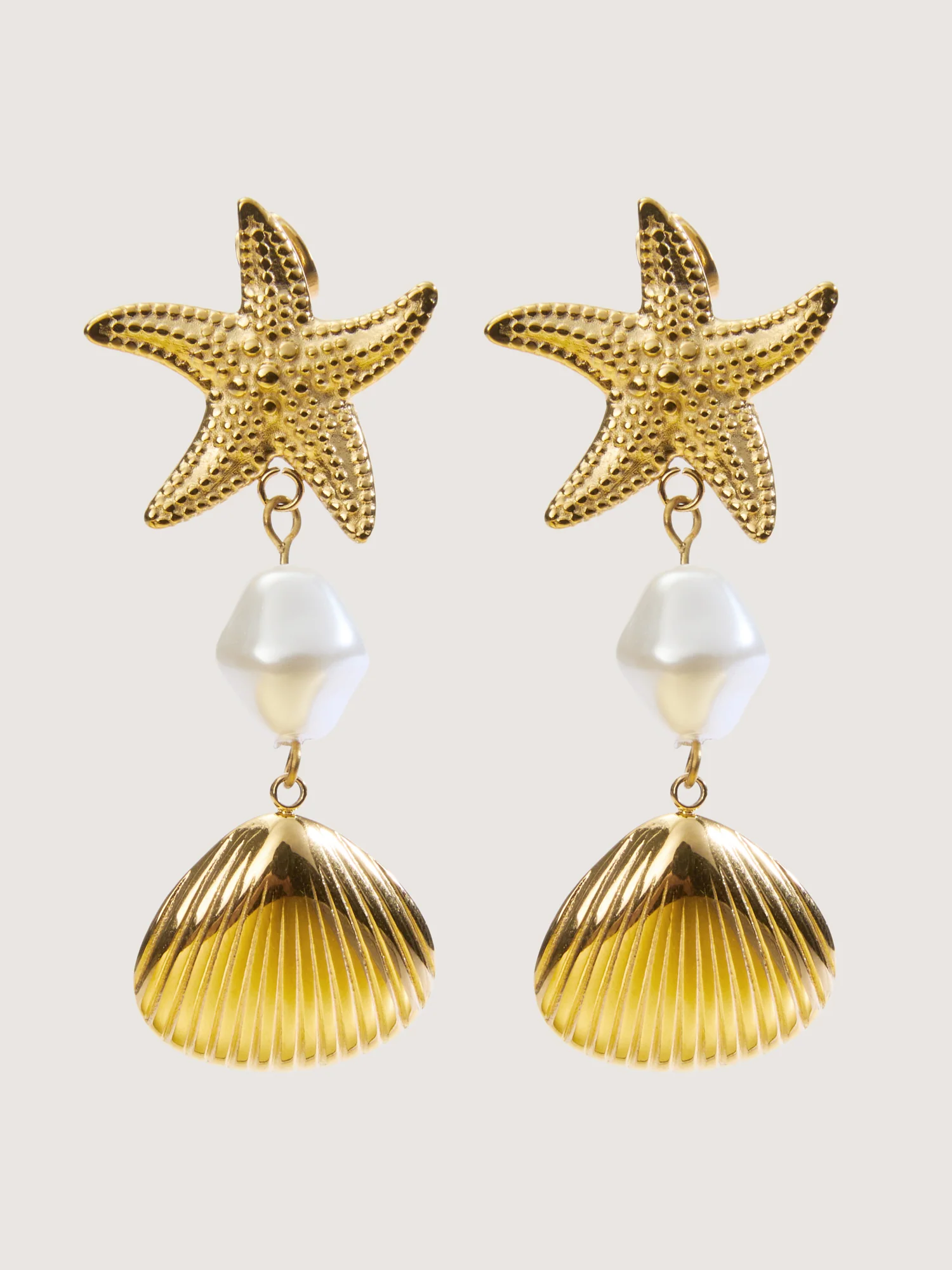 Gold Starfish & Shell Drop Earrings