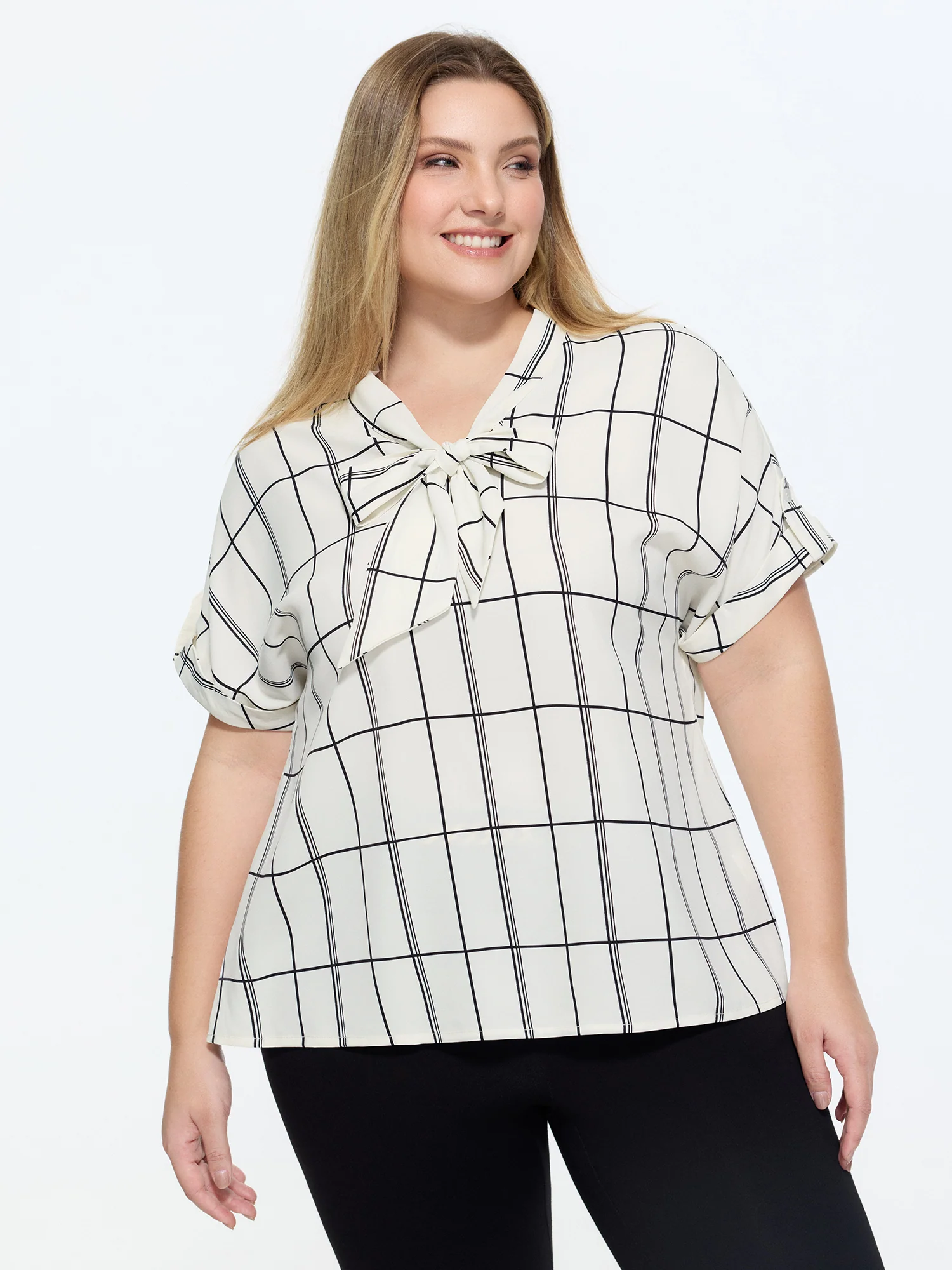 Geometric Print Ribbon Neckline Blouse