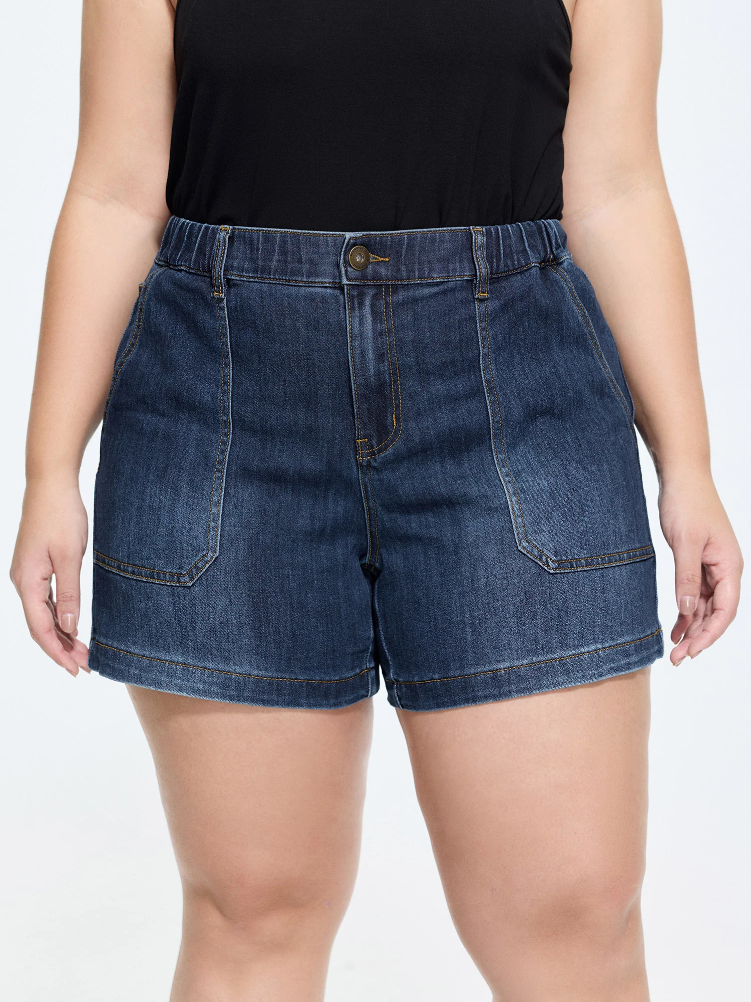 Stretchy Medium Wash Rubber Waist Denim Shorts