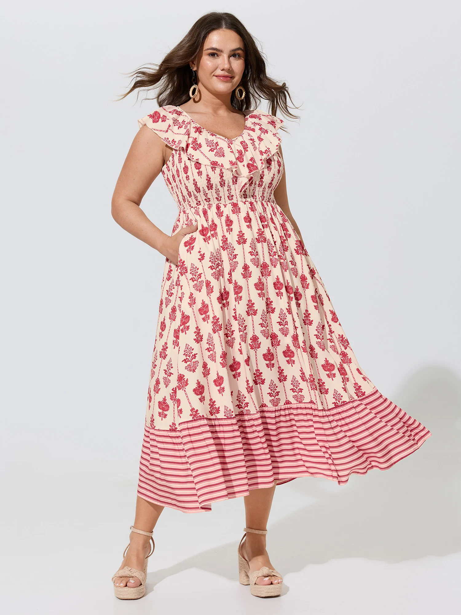 Floral Print Shirred Ruffled Neckline Midi Dress