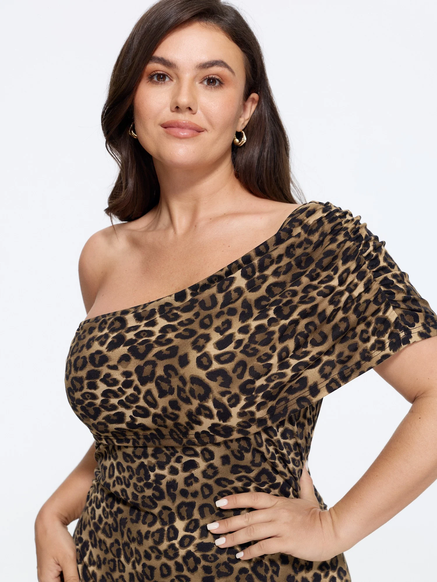 Leopard Print One Shoulder Side Ruched Mini Dress