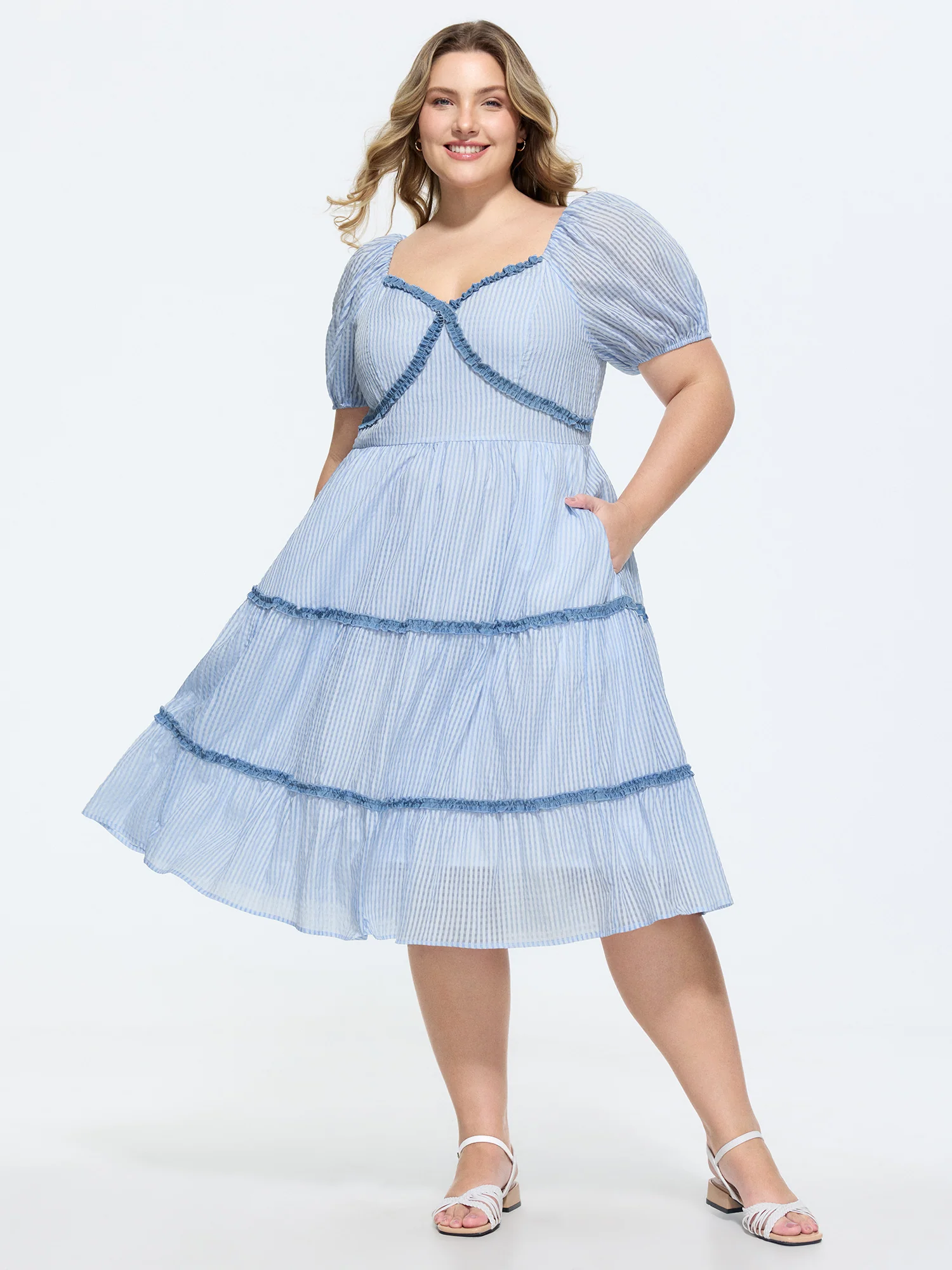 Gingham Print Color Contrast Tiered Midi Dress