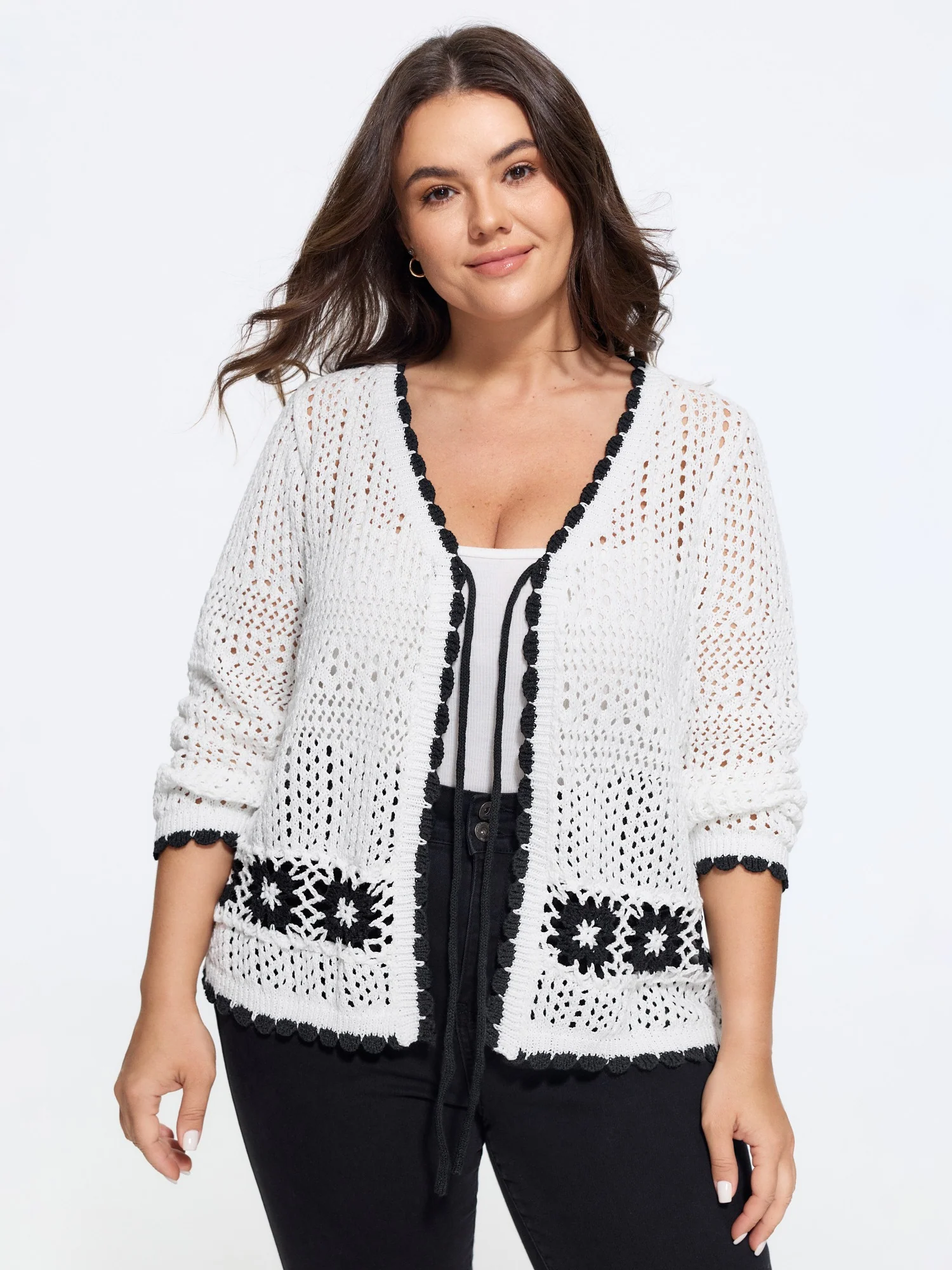 Floral Contrast Hollow Drawstring Cardigan