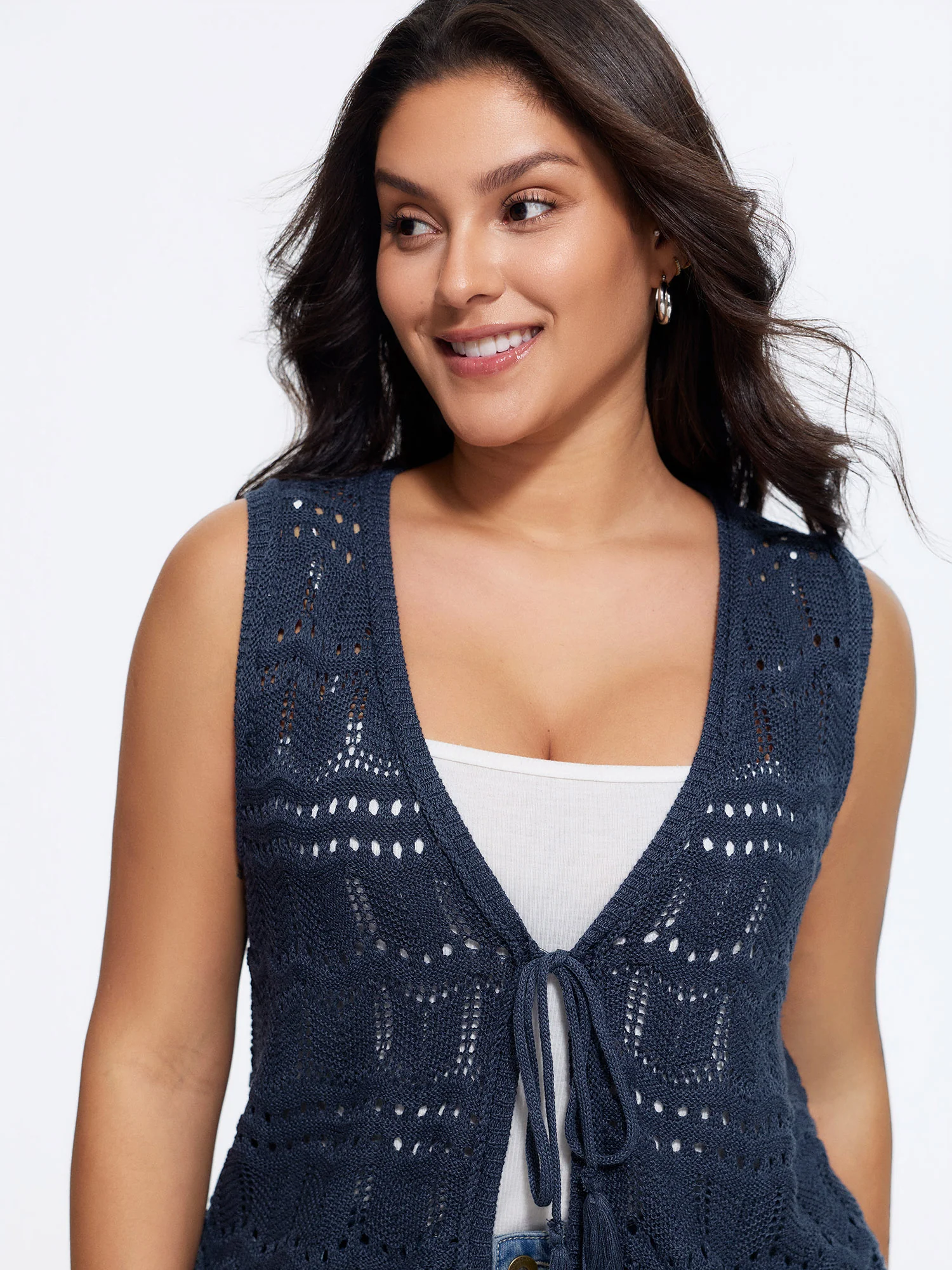 Hollow Out Scalloped Hem Front Tie Sweater Vest