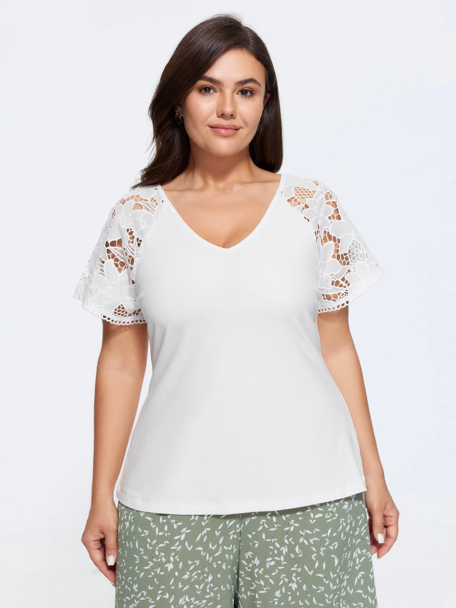V-Neck Lace Sleeve T-Shirt