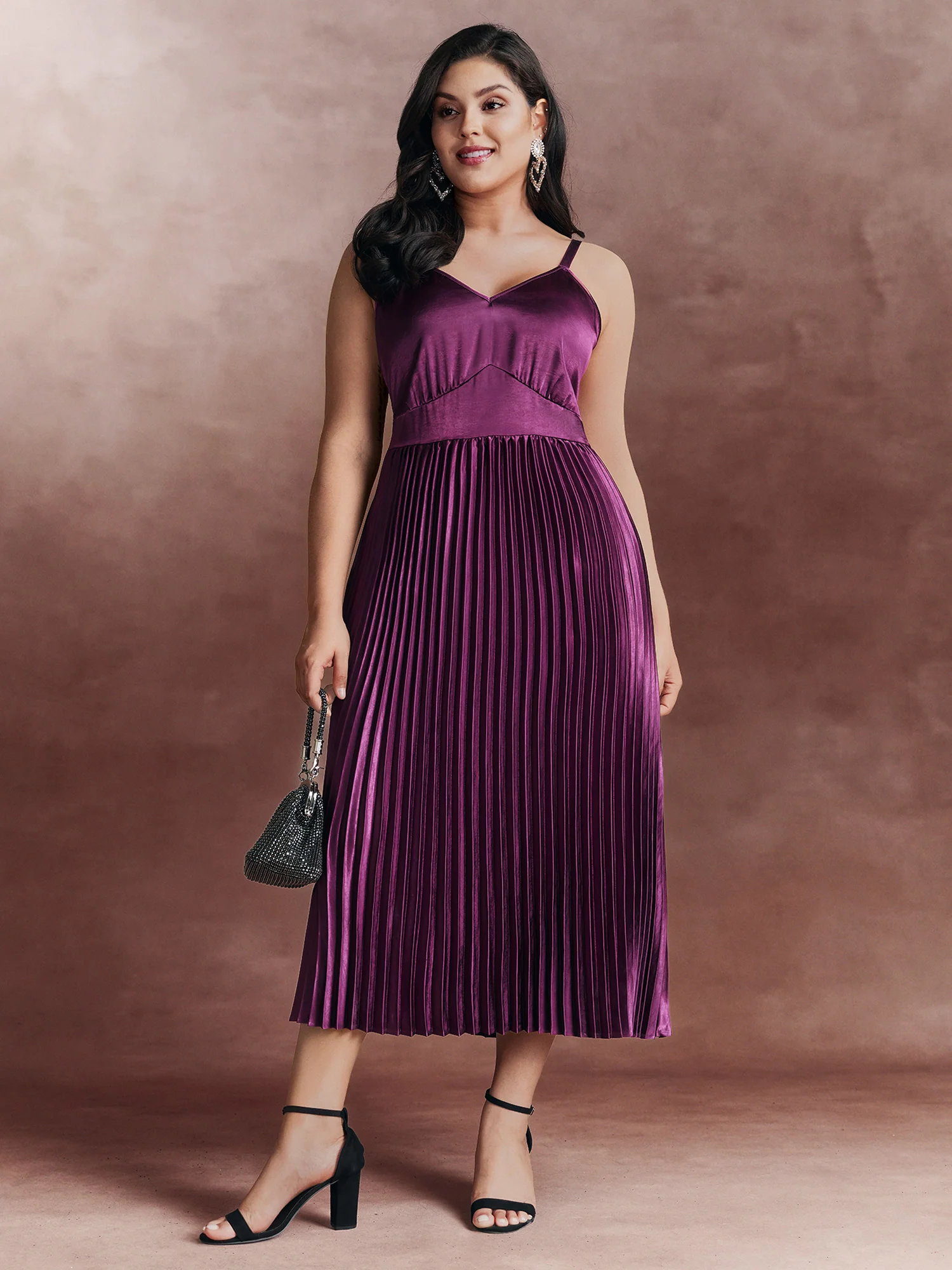Satin Pleated Skirt Cami Midi Dress