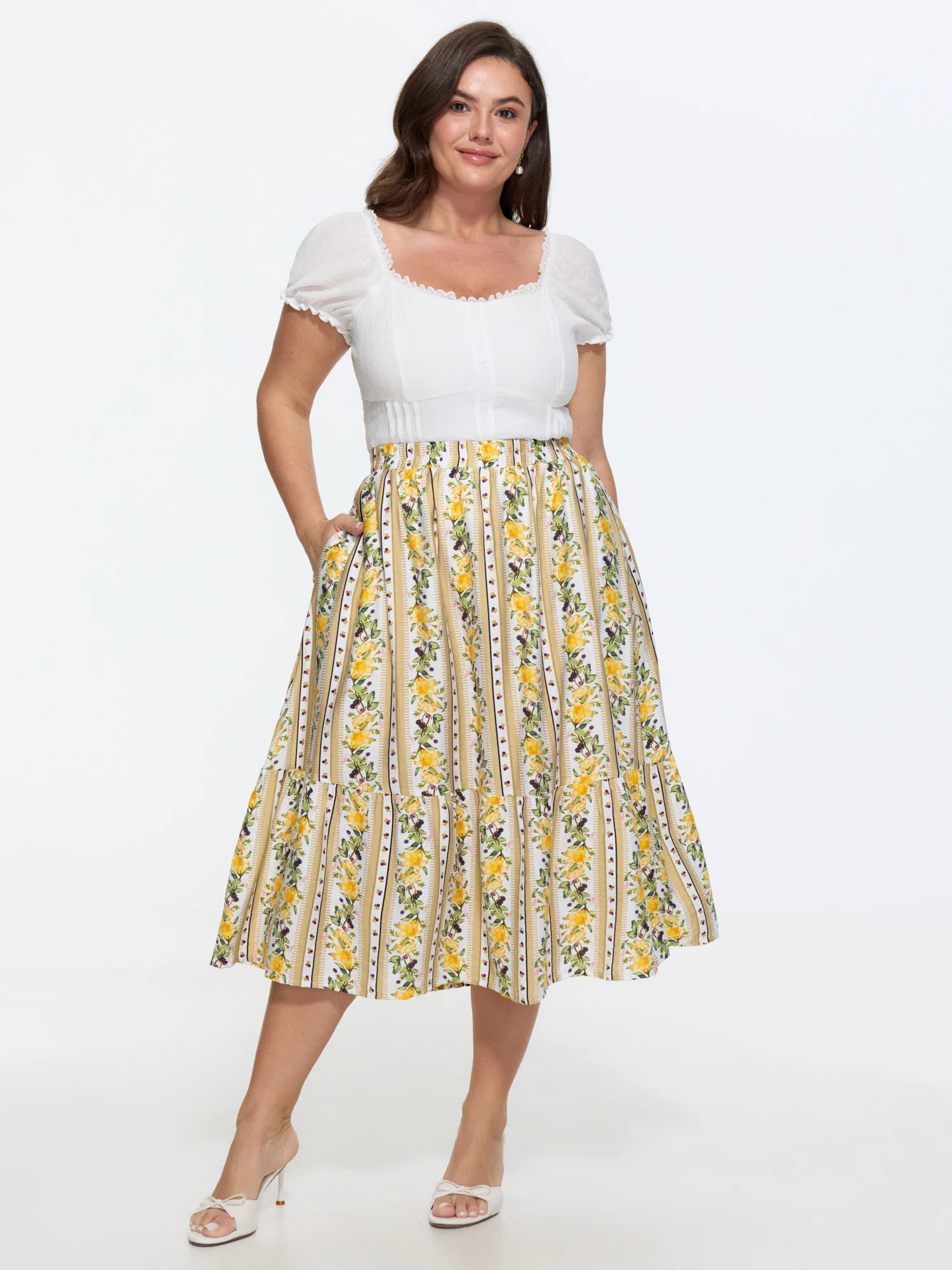 Floral Striped Print Ruffled Hem Midi Skirt