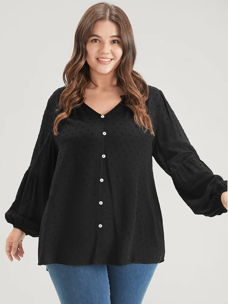 Solid  Button Lantern Sleeve Polka Dot Blouse