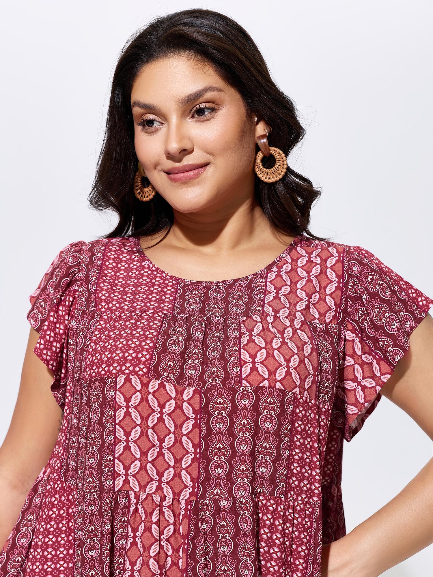 Geometric Print Ruffled Sleeve Top