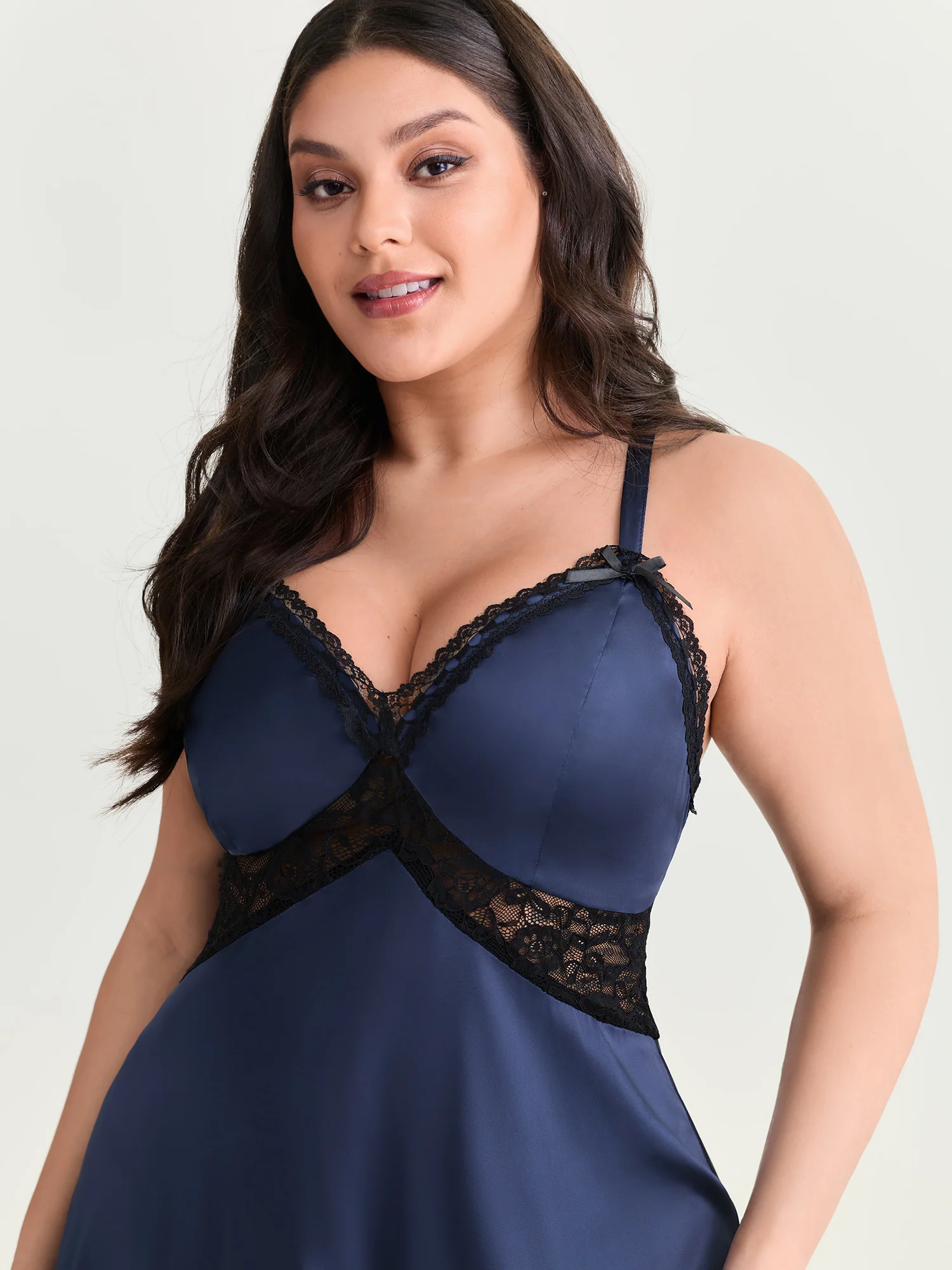 Satin Lace Trim Plunging Neckline Nightgown