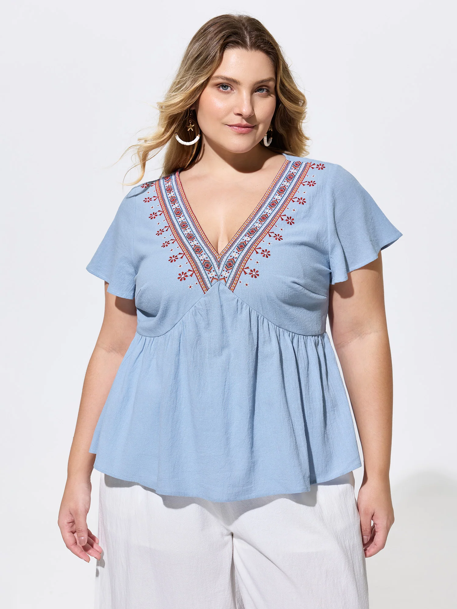 Cotton Floral Embroidered V-Neck Blouse