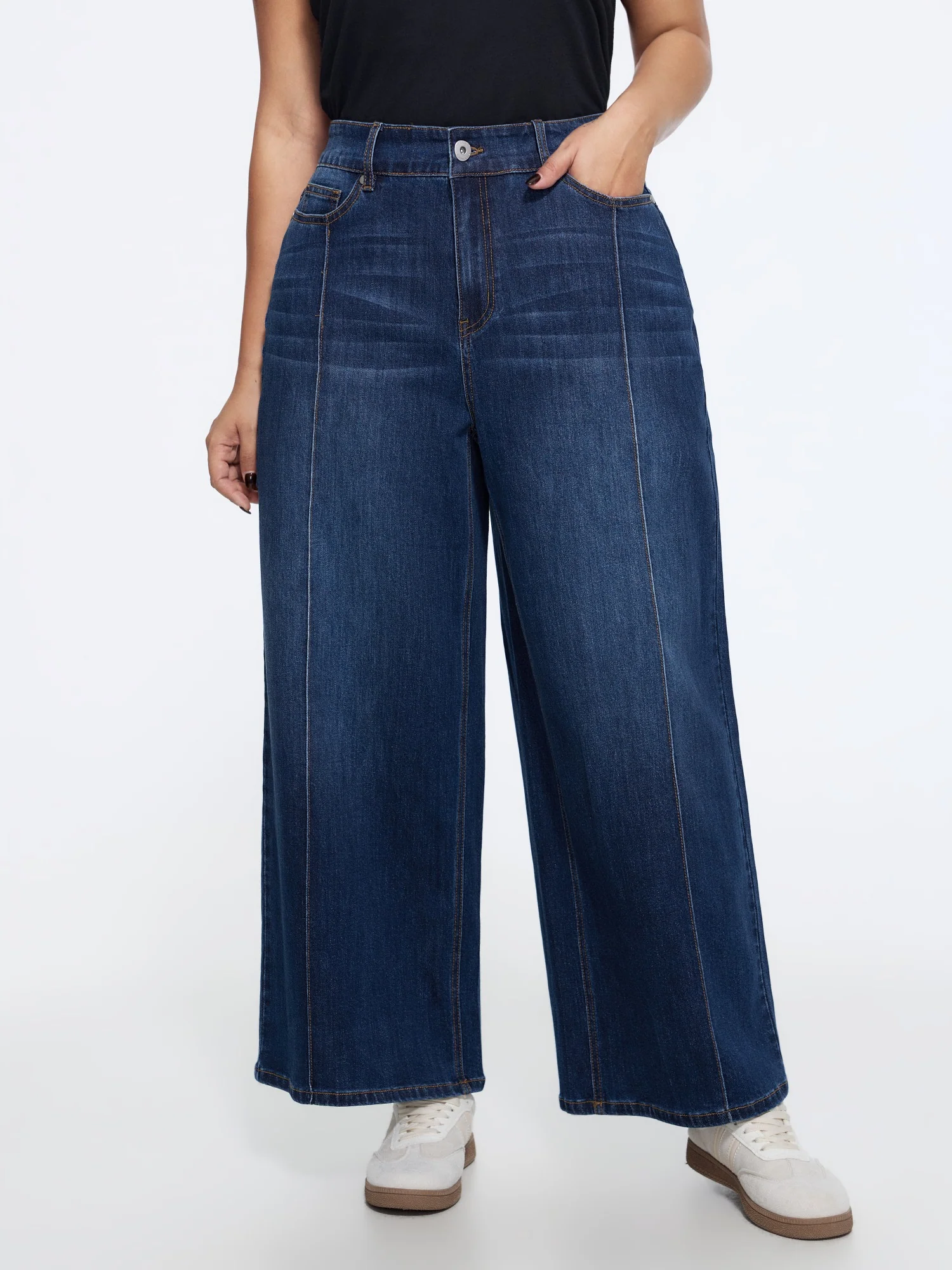 Stretchy Wash Vertical Seam Wide Leg Jeans