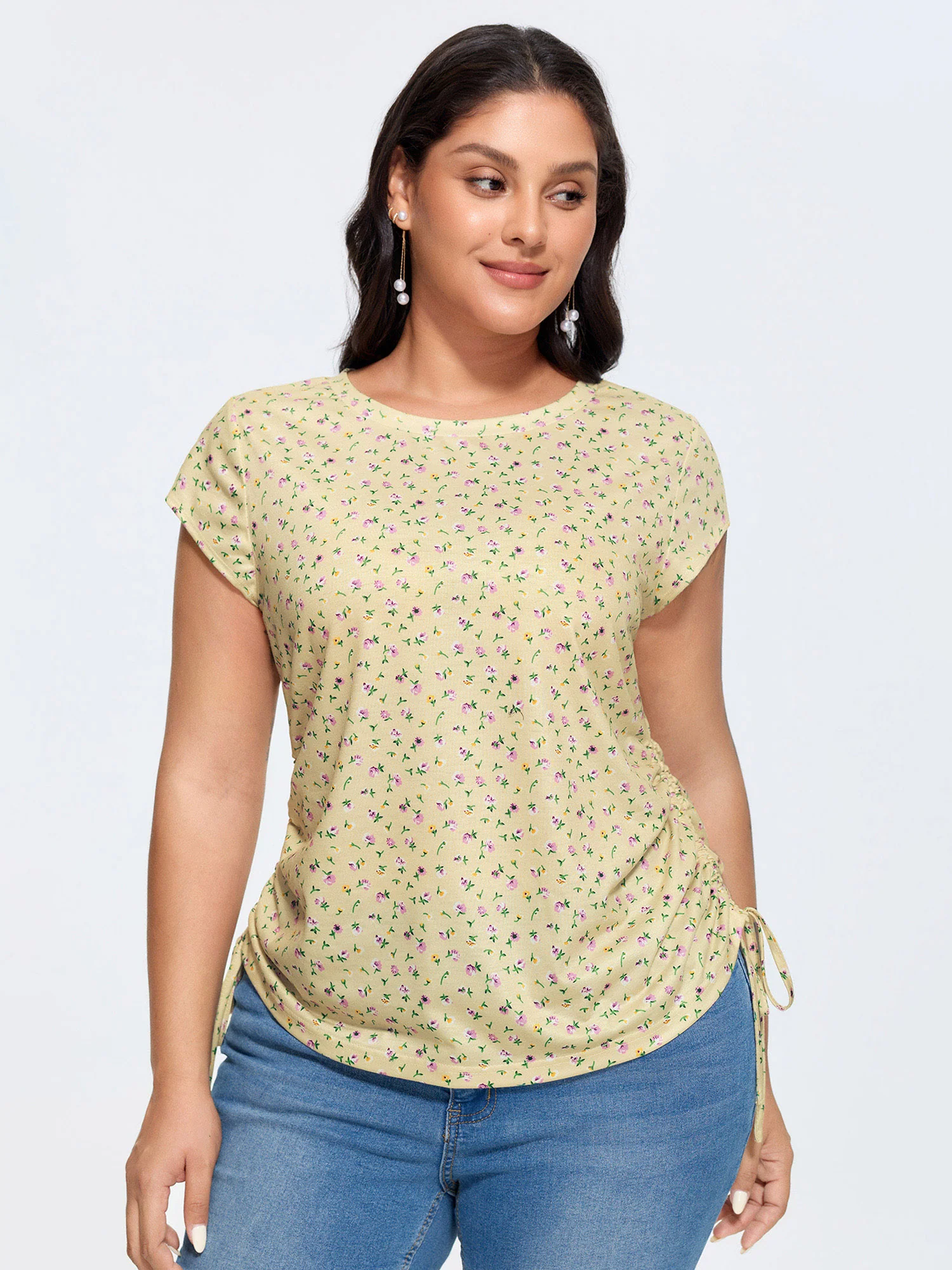 Micro Floral Print Adjustable Side Drawstring T-Shirt