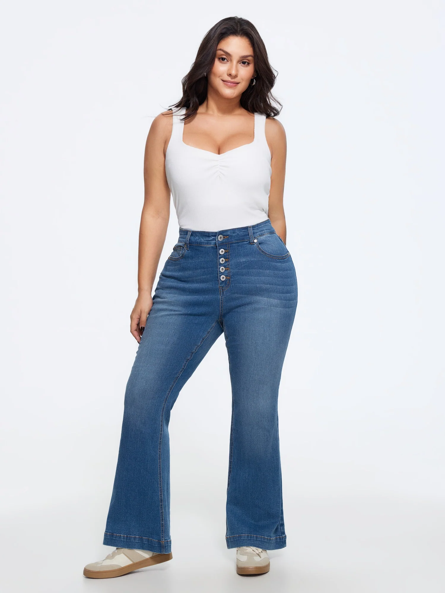 Stretchy Multi Buttons High Waist Flare Jeans