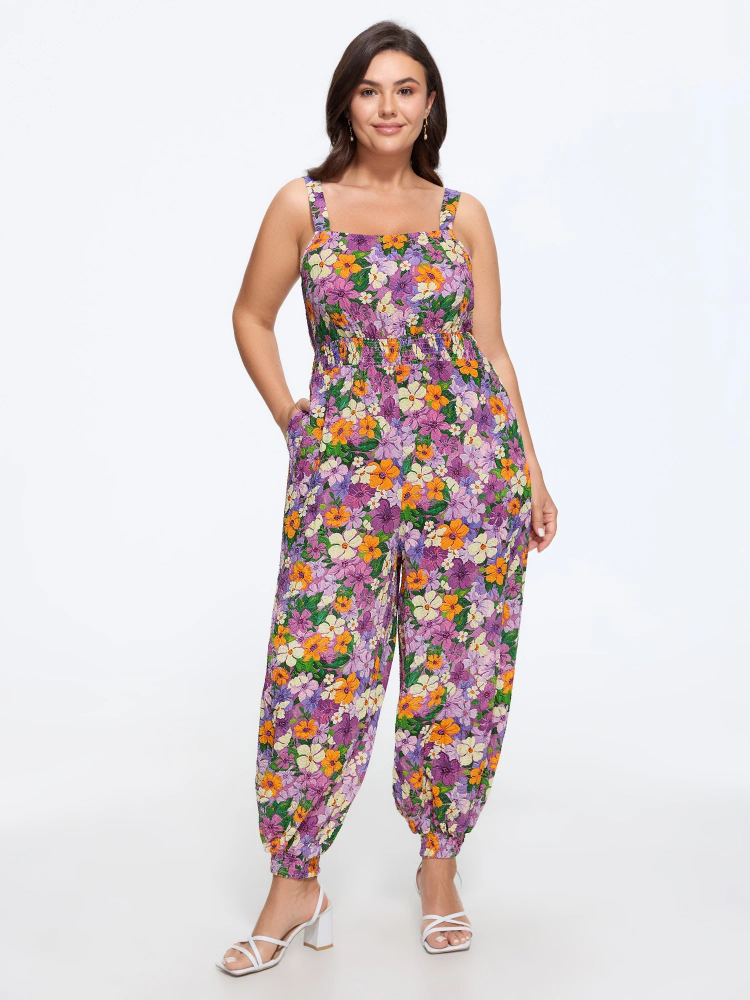 Multi Floral Print Shirred Waist Jogger Jumpsuit