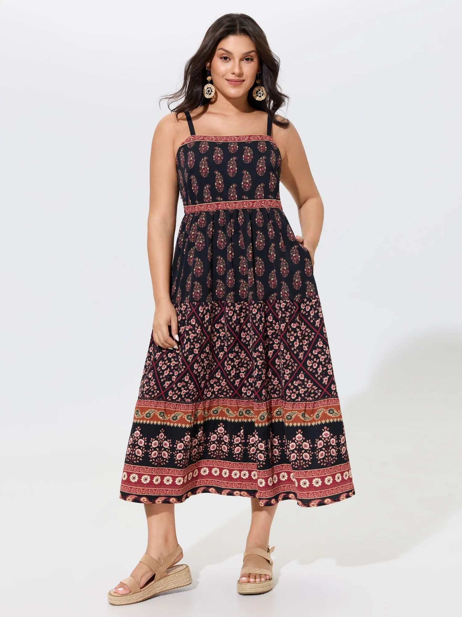 Vintage Paisley Print Shirred Midi Dress